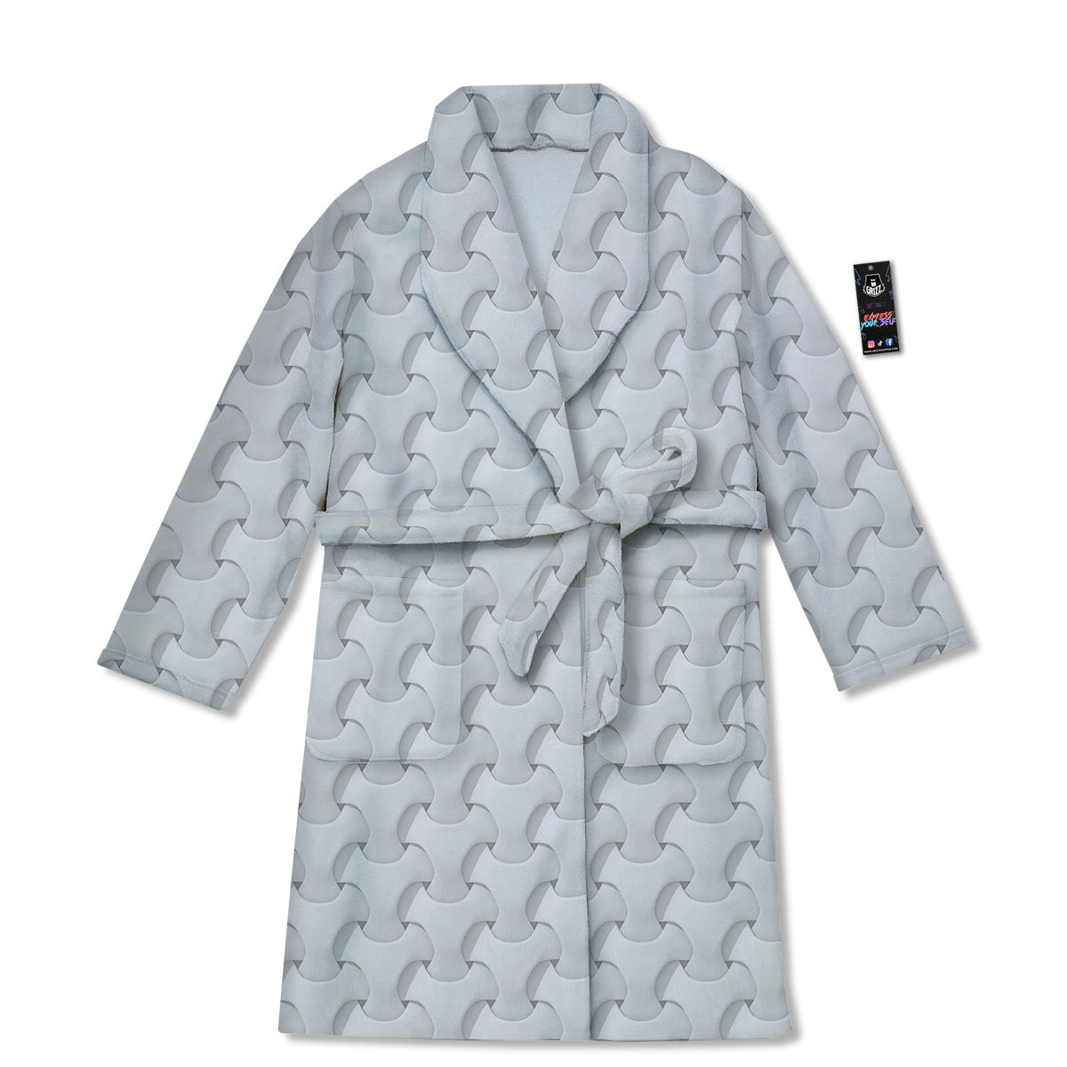 White Abstract 3D Geometric Print Pattern Bathrobe-grizzshop