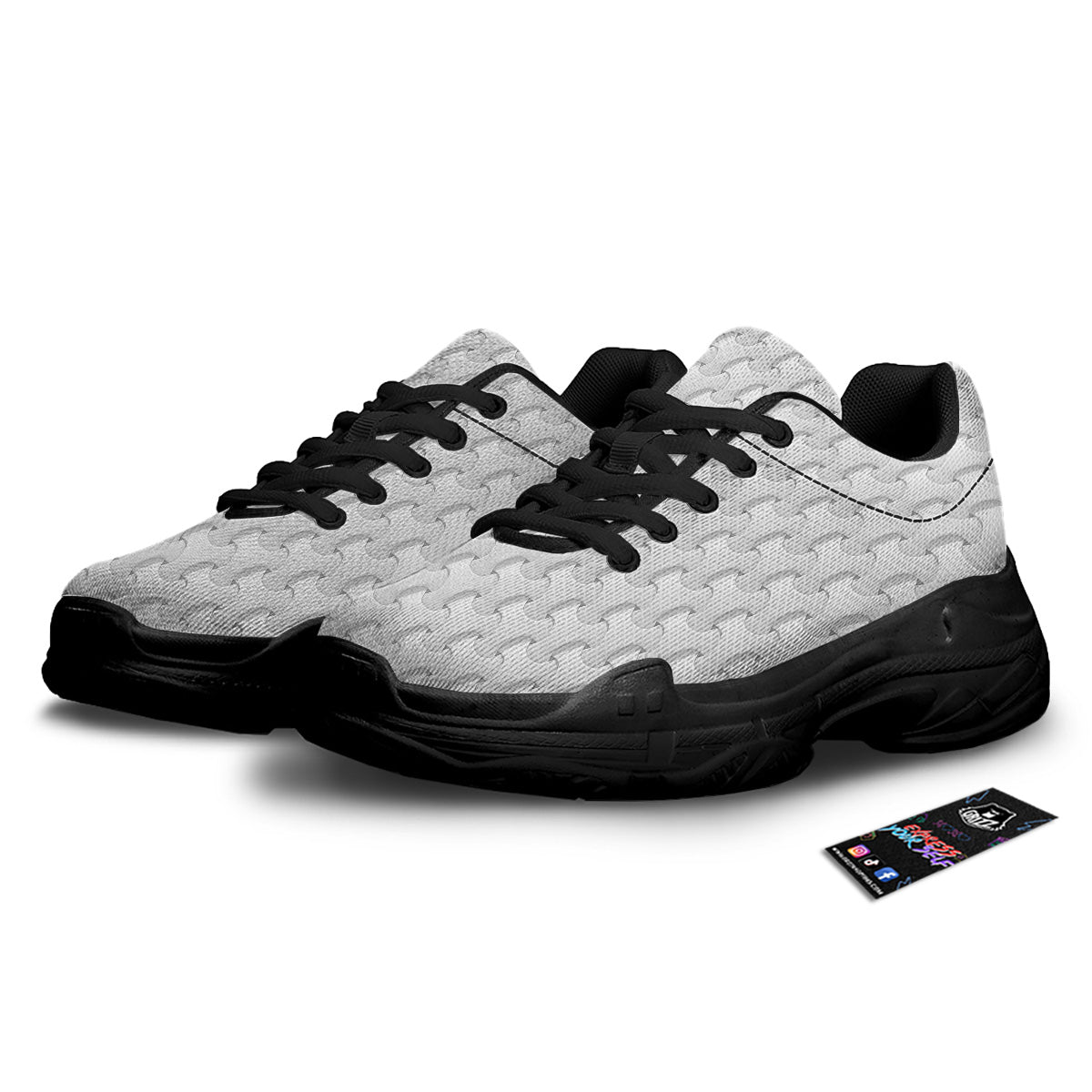 White Abstract 3D Geometric Print Pattern Black Chunky Shoes-grizzshop