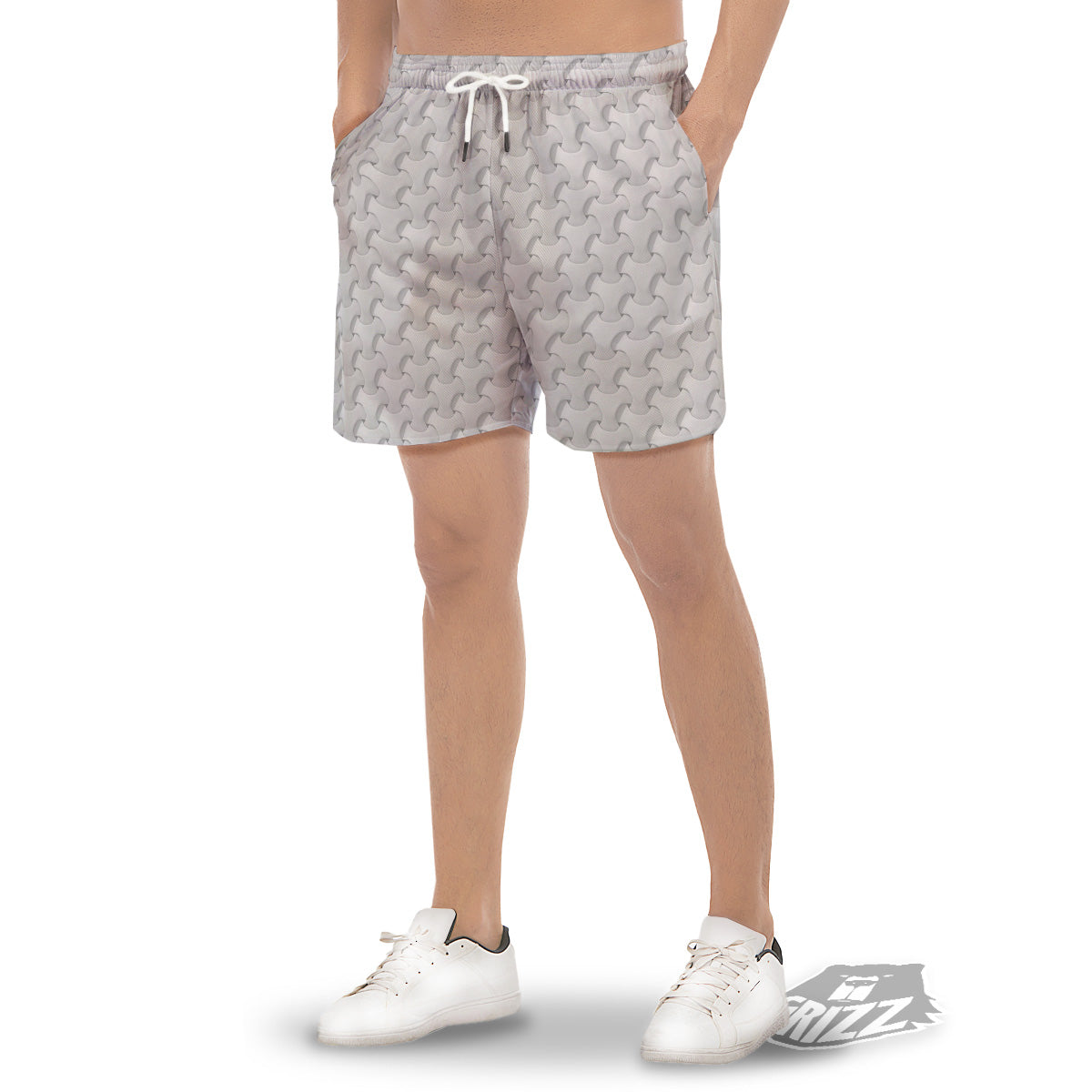 White Abstract 3D Geometric Print Pattern Men's Gym Shorts-grizzshop
