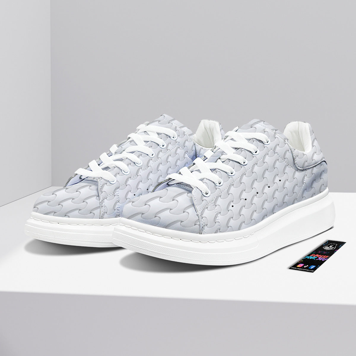 White Abstract 3D Geometric Print Pattern Platform Shoes-grizzshop