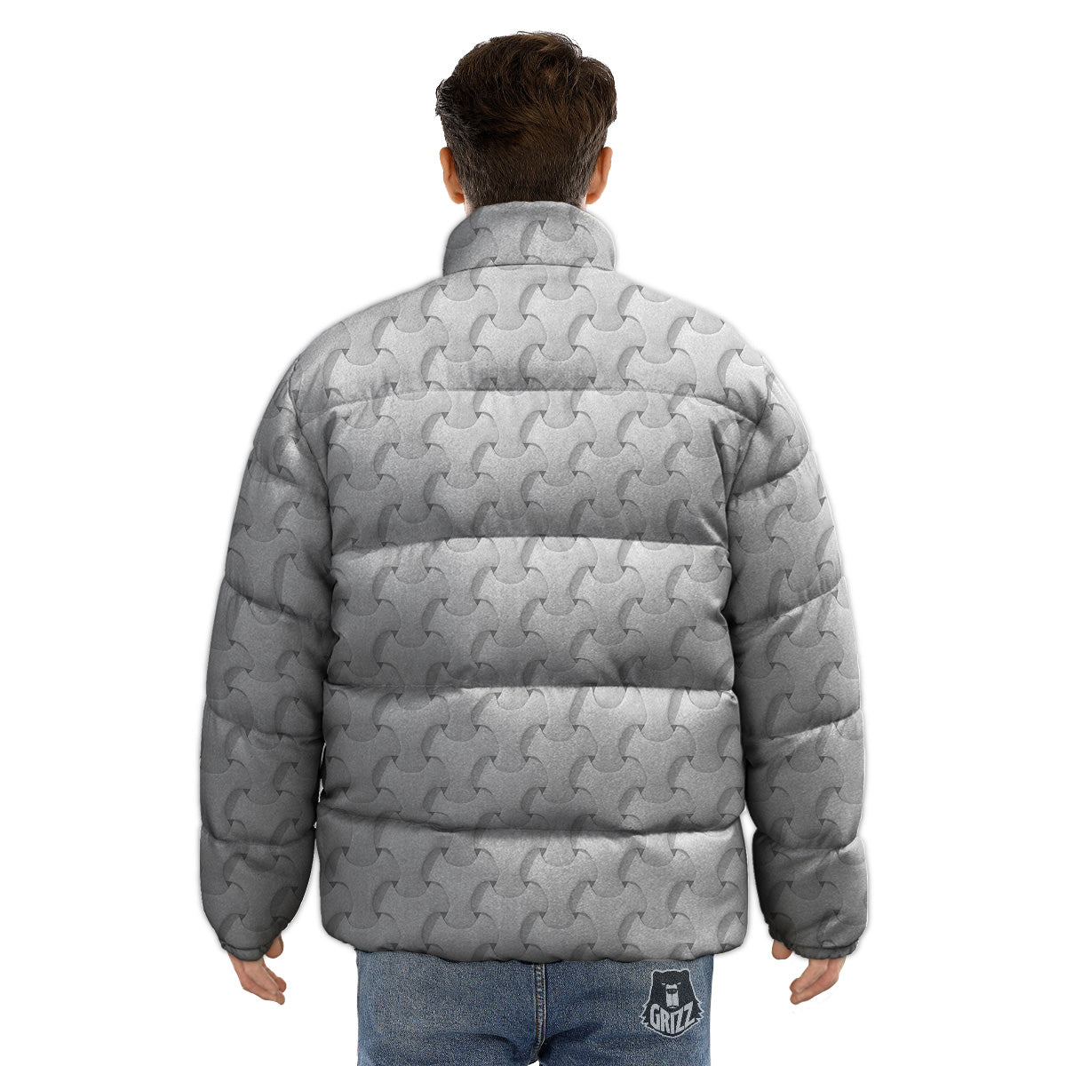 White Abstract 3D Geometric Print Pattern Puffer Jacket-grizzshop