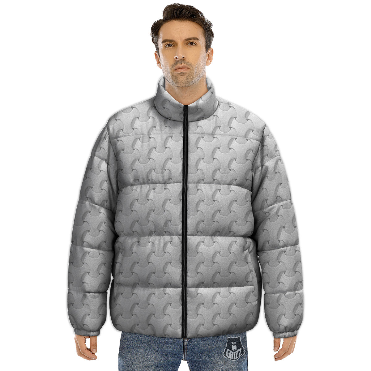 White Abstract 3D Geometric Print Pattern Puffer Jacket-grizzshop
