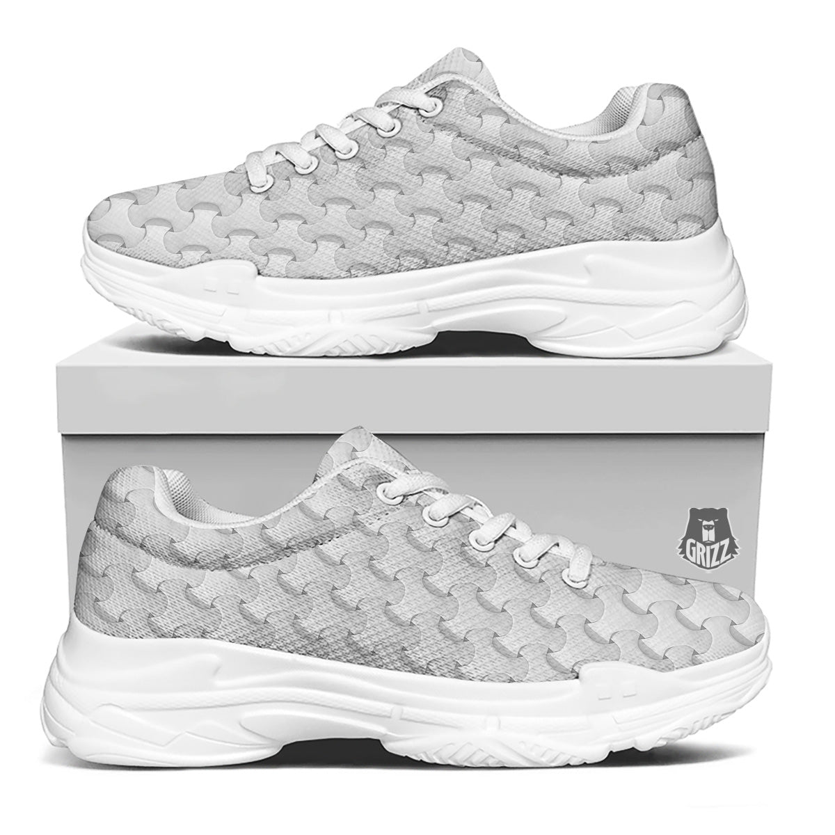 White Abstract 3D Geometric Print Pattern White Chunky Shoes-grizzshop