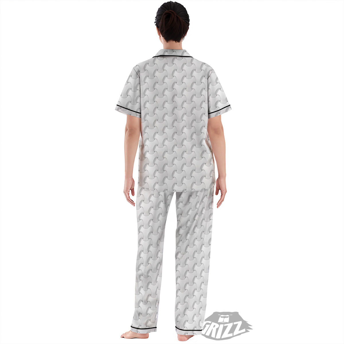 White Abstract 3D Geometric Print Pattern Women's Pajamas Set-grizzshop