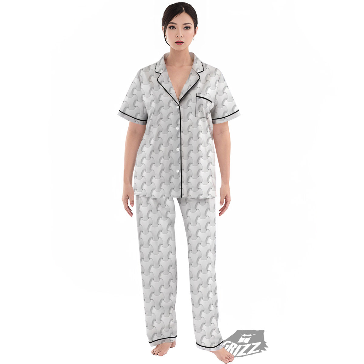 White Abstract 3D Geometric Print Pattern Women's Pajamas Set-grizzshop