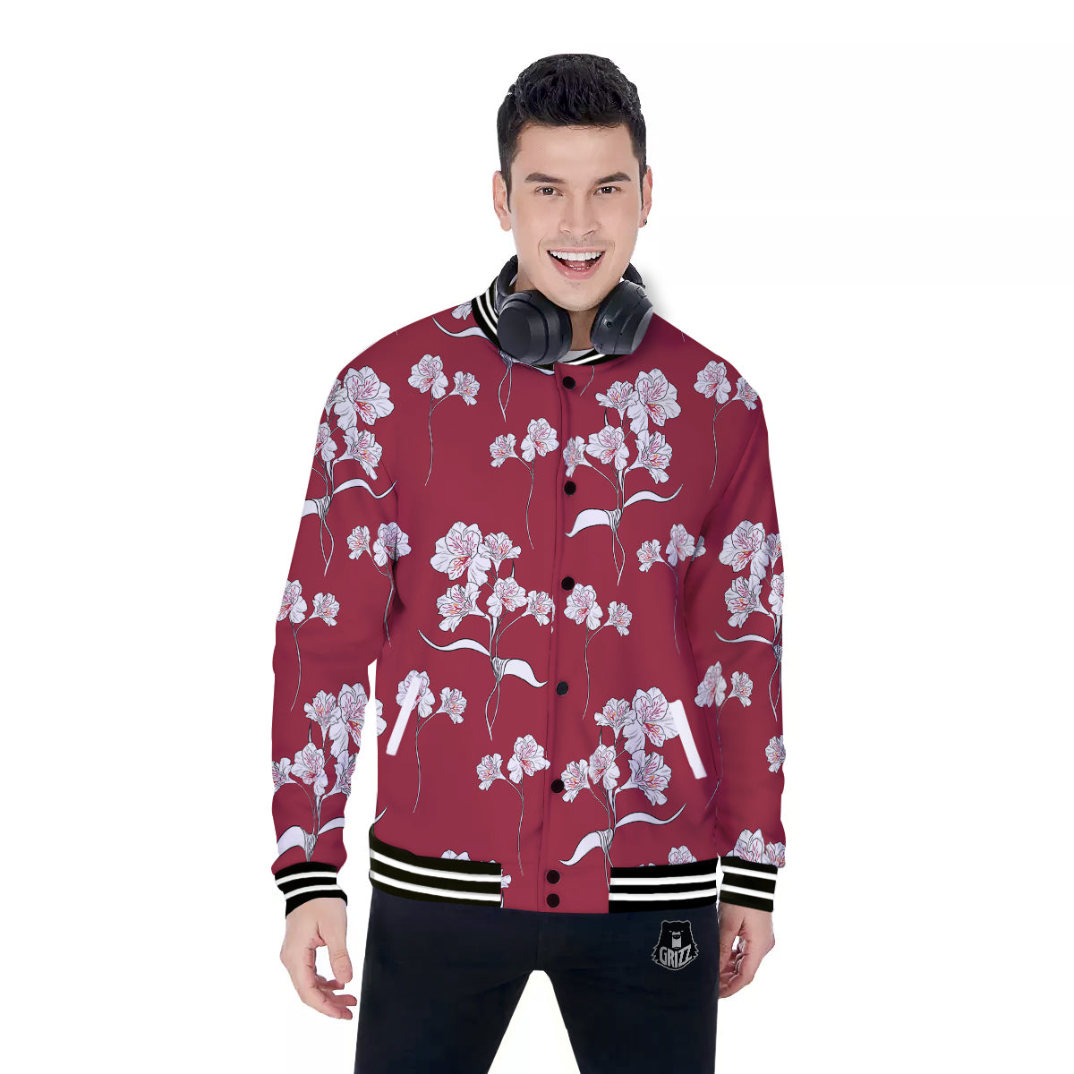 White Alstroemeria Red Print Pattern Baseball Jacket-grizzshop