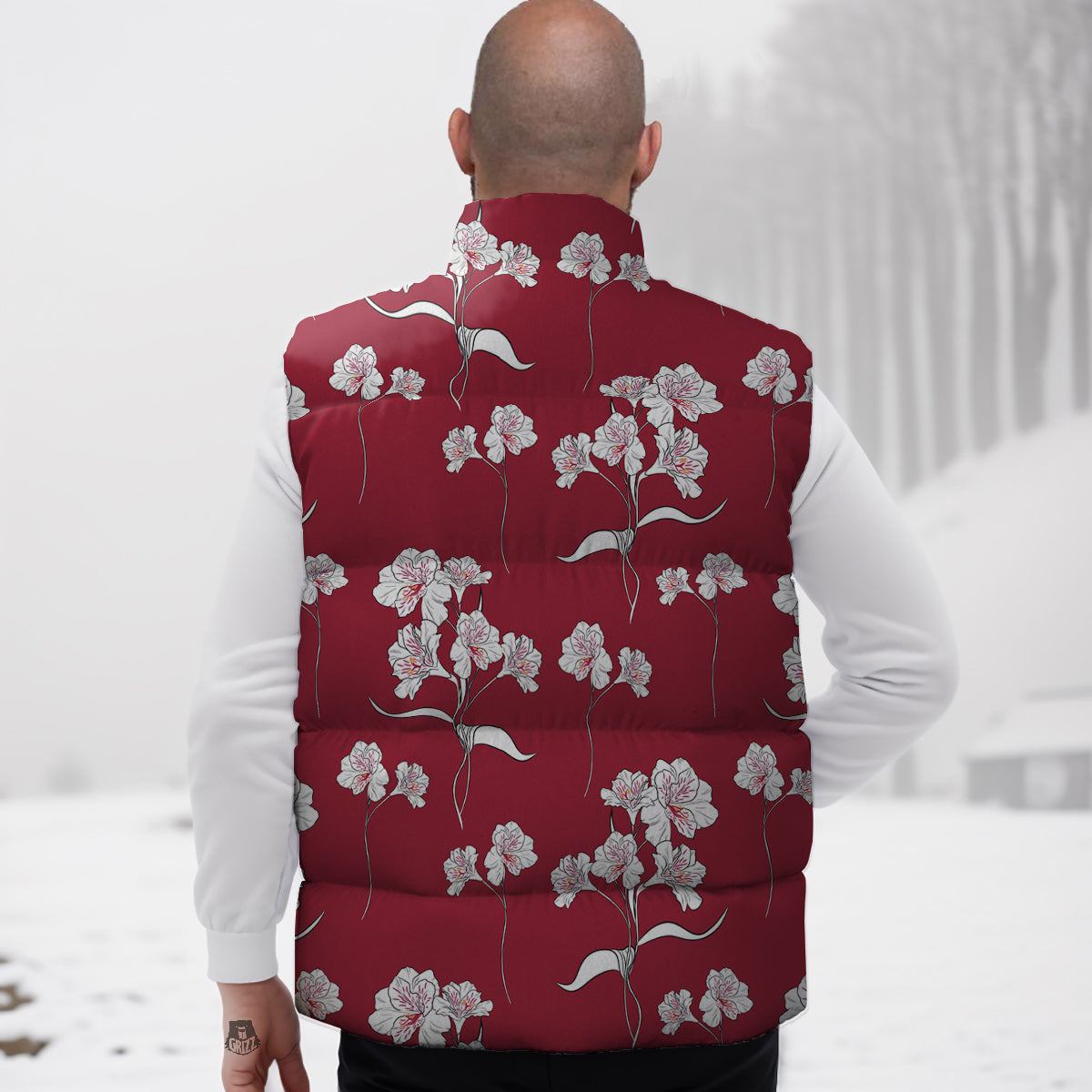 White Alstroemeria Red Print Pattern Down Vest