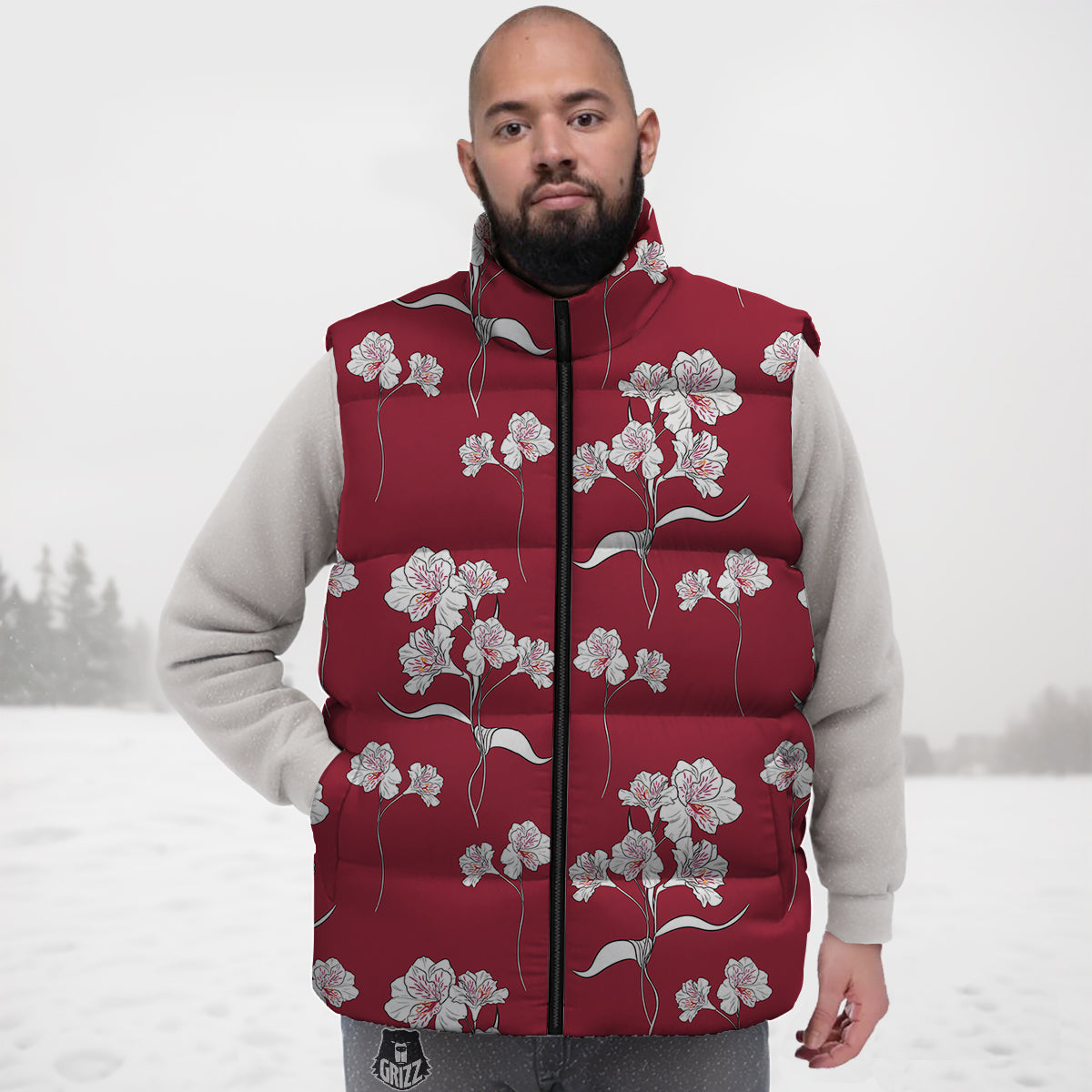 White Alstroemeria Red Print Pattern Down Vest
