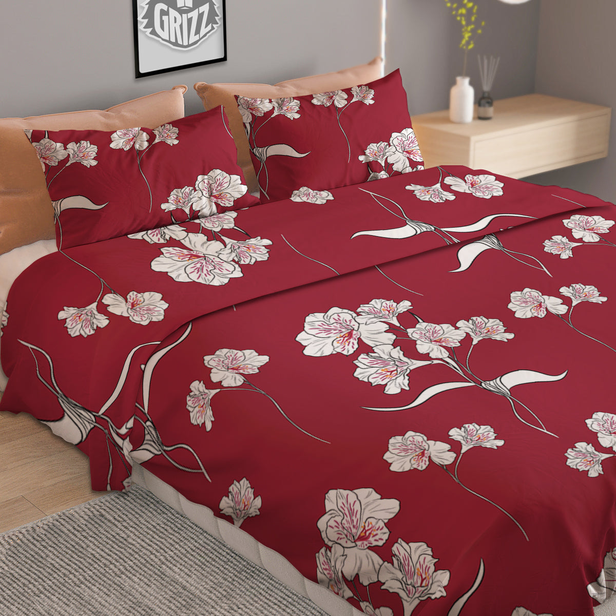 White Alstroemeria Red Print Pattern Duvet Cover Bedding Set