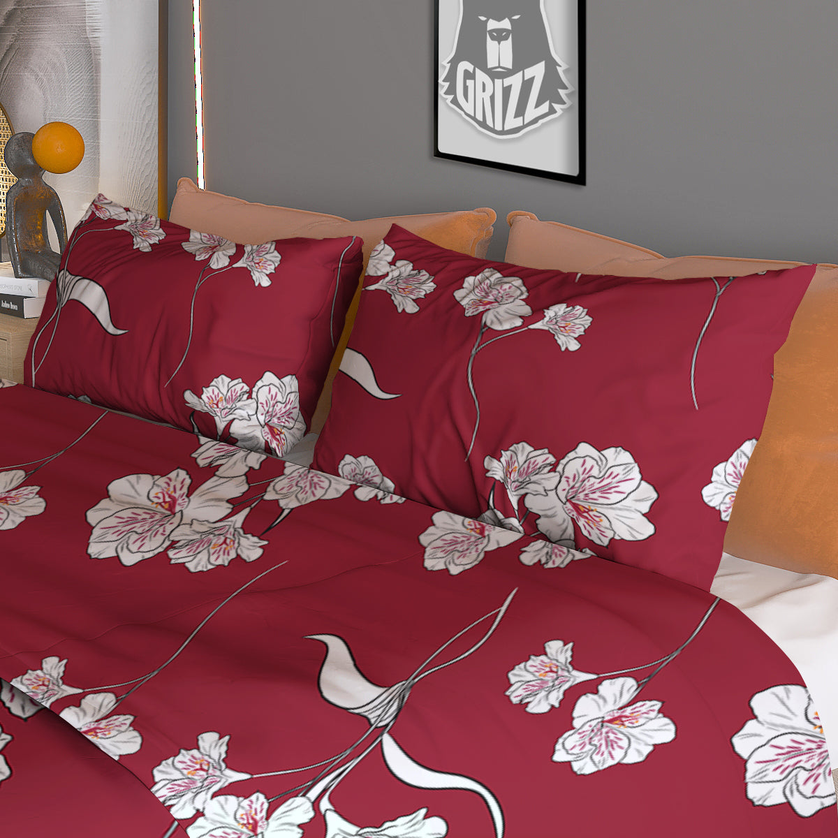 White Alstroemeria Red Print Pattern Duvet Cover Bedding Set