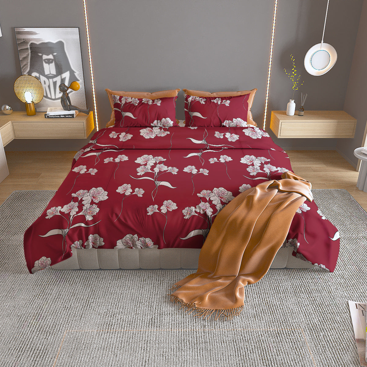 White Alstroemeria Red Print Pattern Duvet Cover Bedding Set