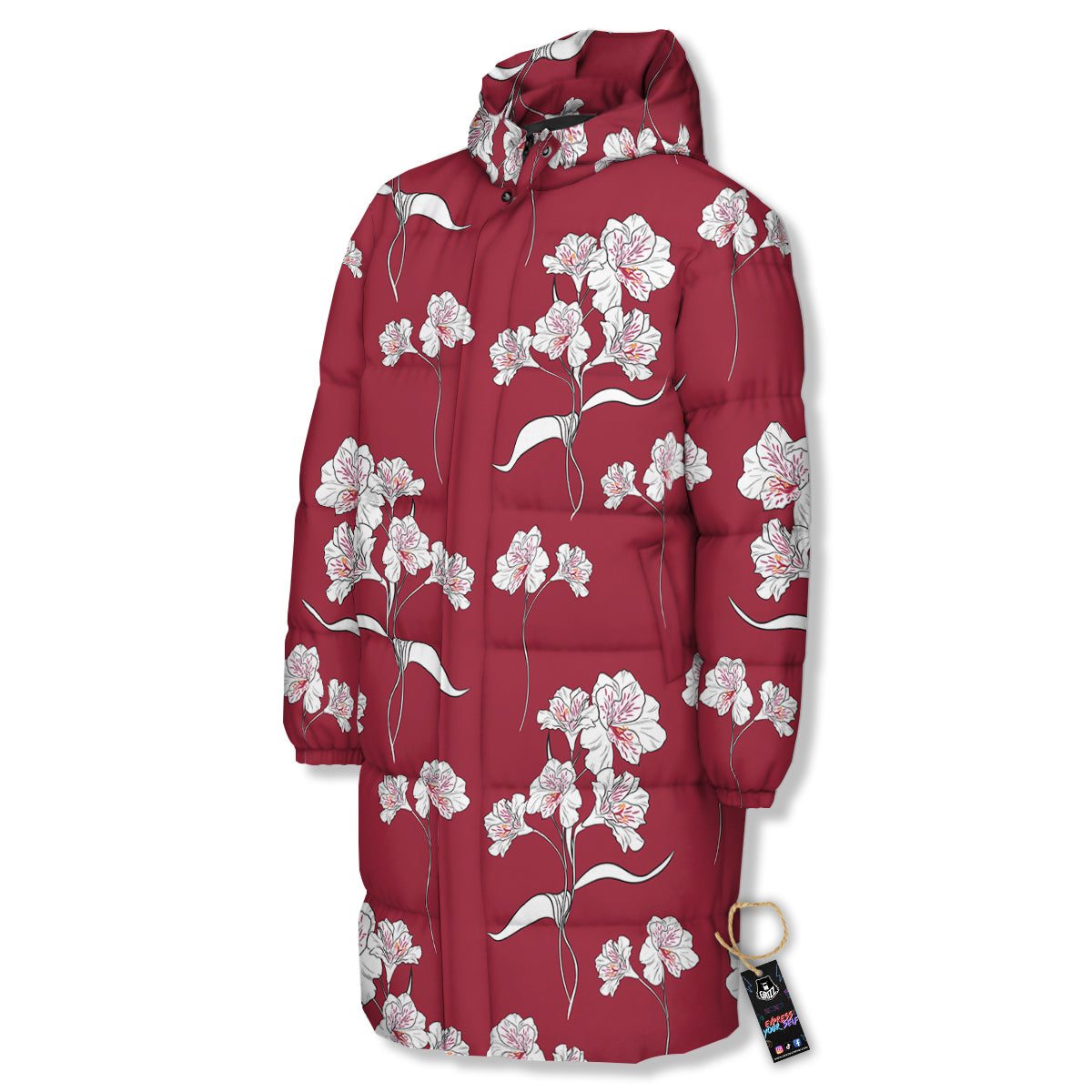 White Alstroemeria Red Print Pattern Long Down Jacket-grizzshop