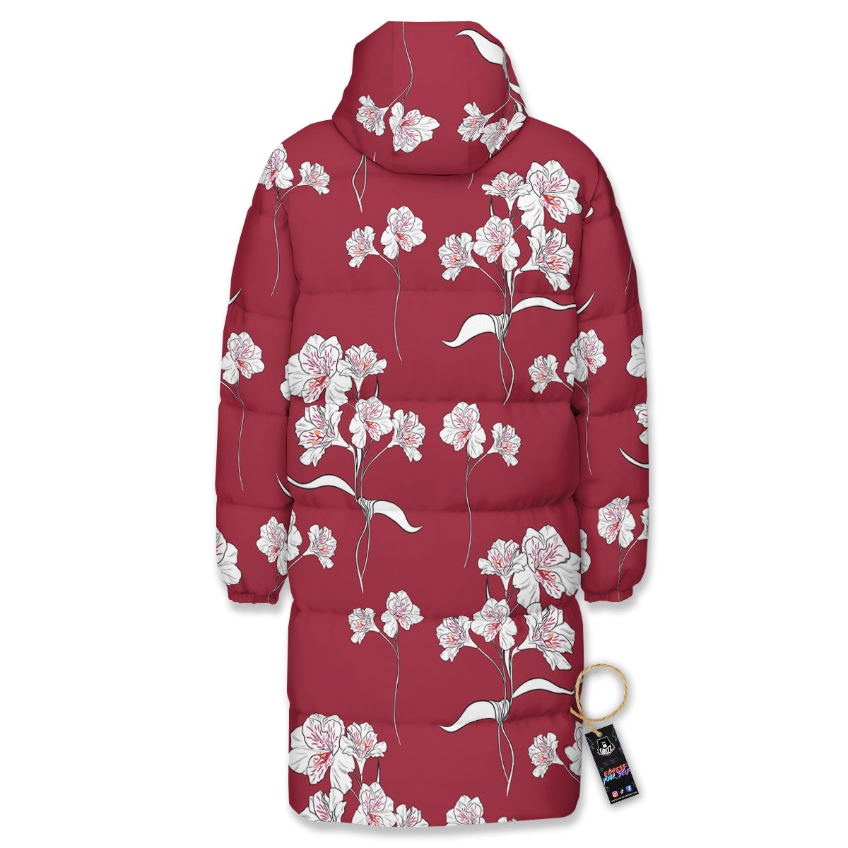 White Alstroemeria Red Print Pattern Long Down Jacket-grizzshop