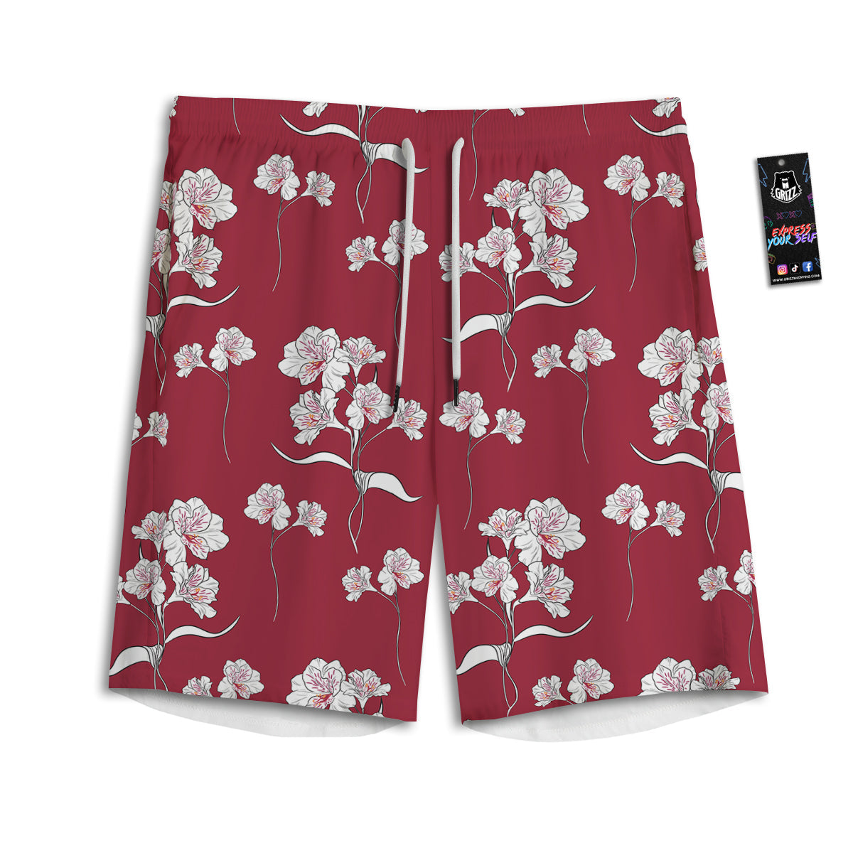 White Alstroemeria Red Print Pattern Men's Athletic Shorts