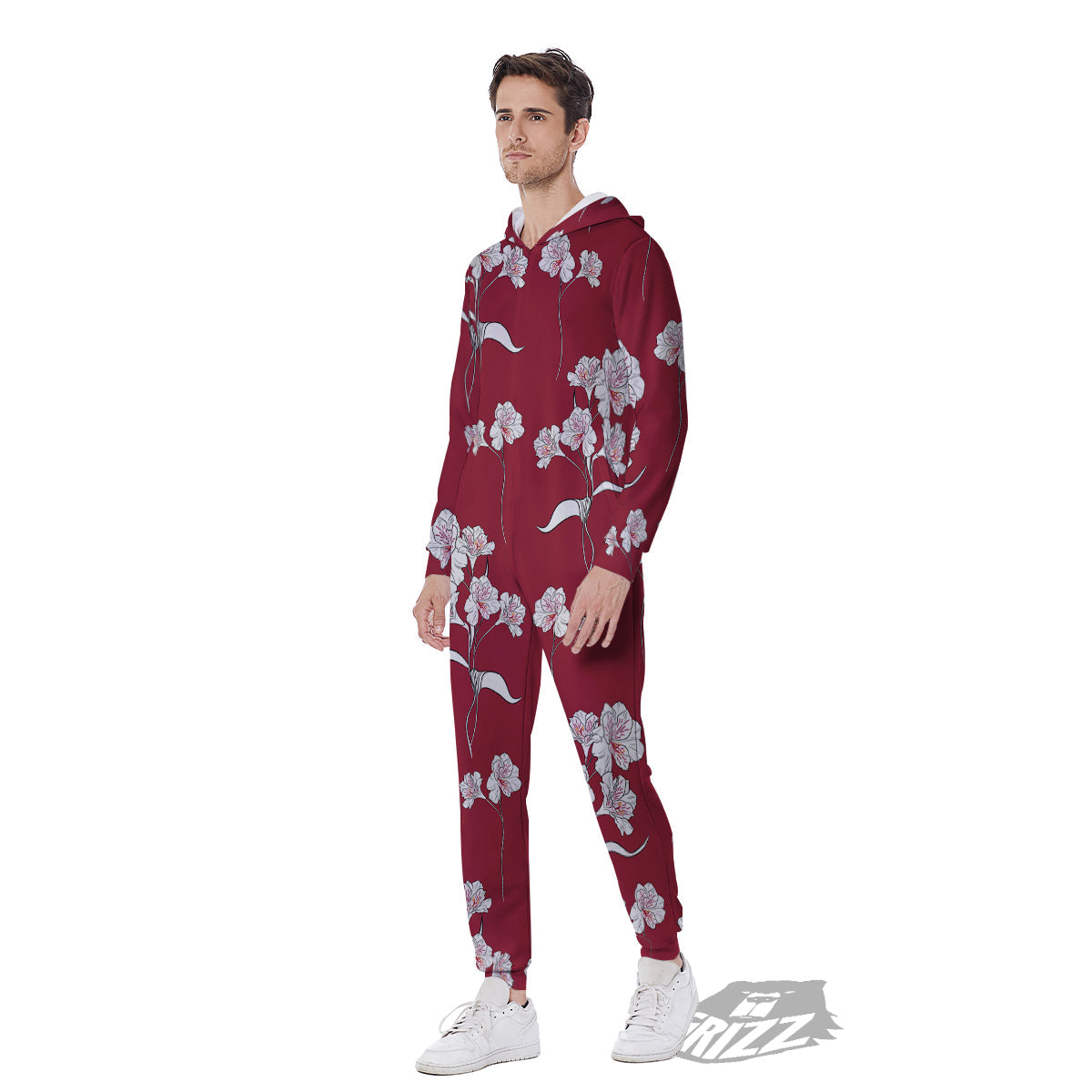 White Alstroemeria Red Print Pattern Men's Jumpsuit-grizzshop