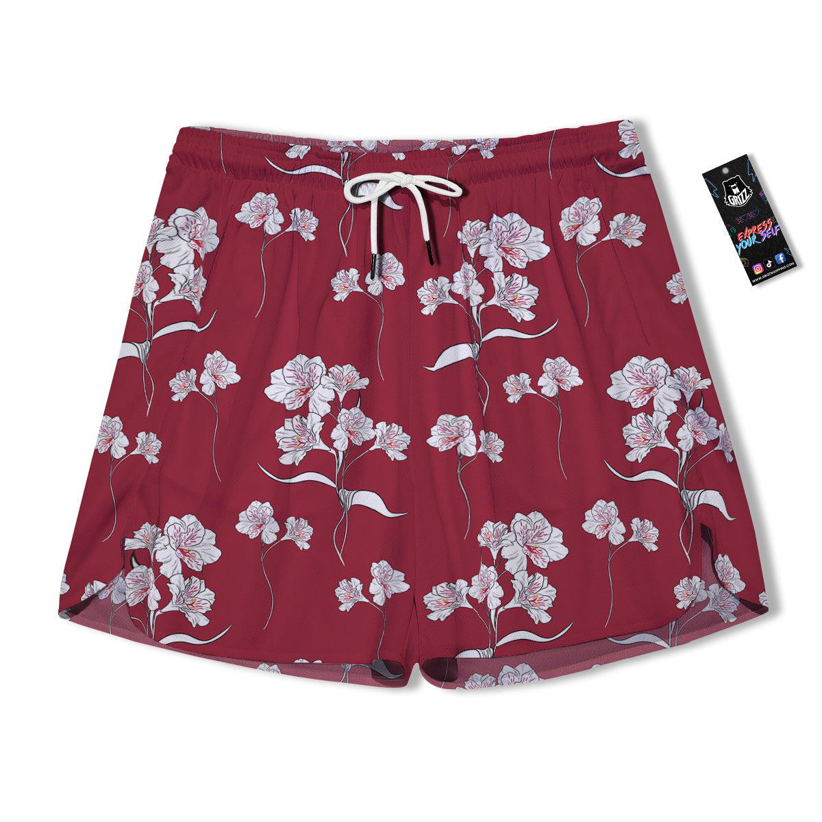 White Alstroemeria Red Print Pattern Men's Running Shorts-grizzshop