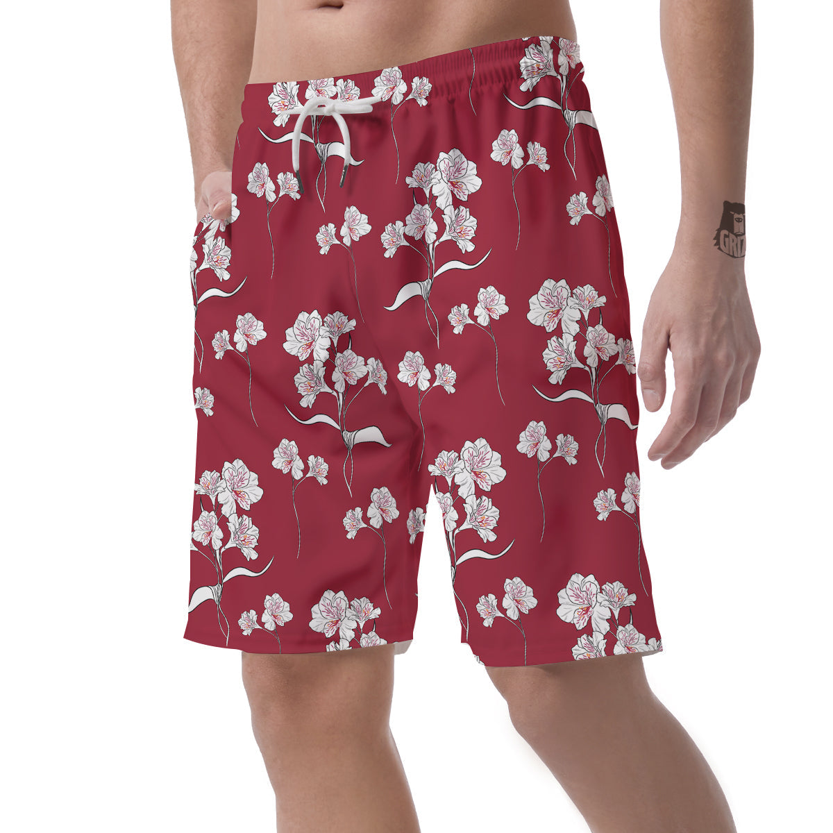 White Alstroemeria Red Print Pattern Men's Shorts-grizzshop