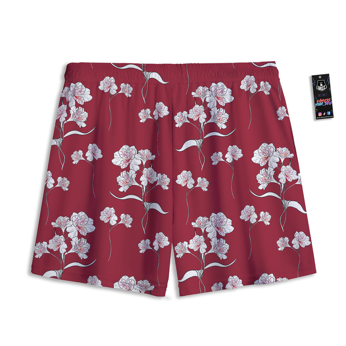 White Alstroemeria Red Print Pattern Mesh Shorts