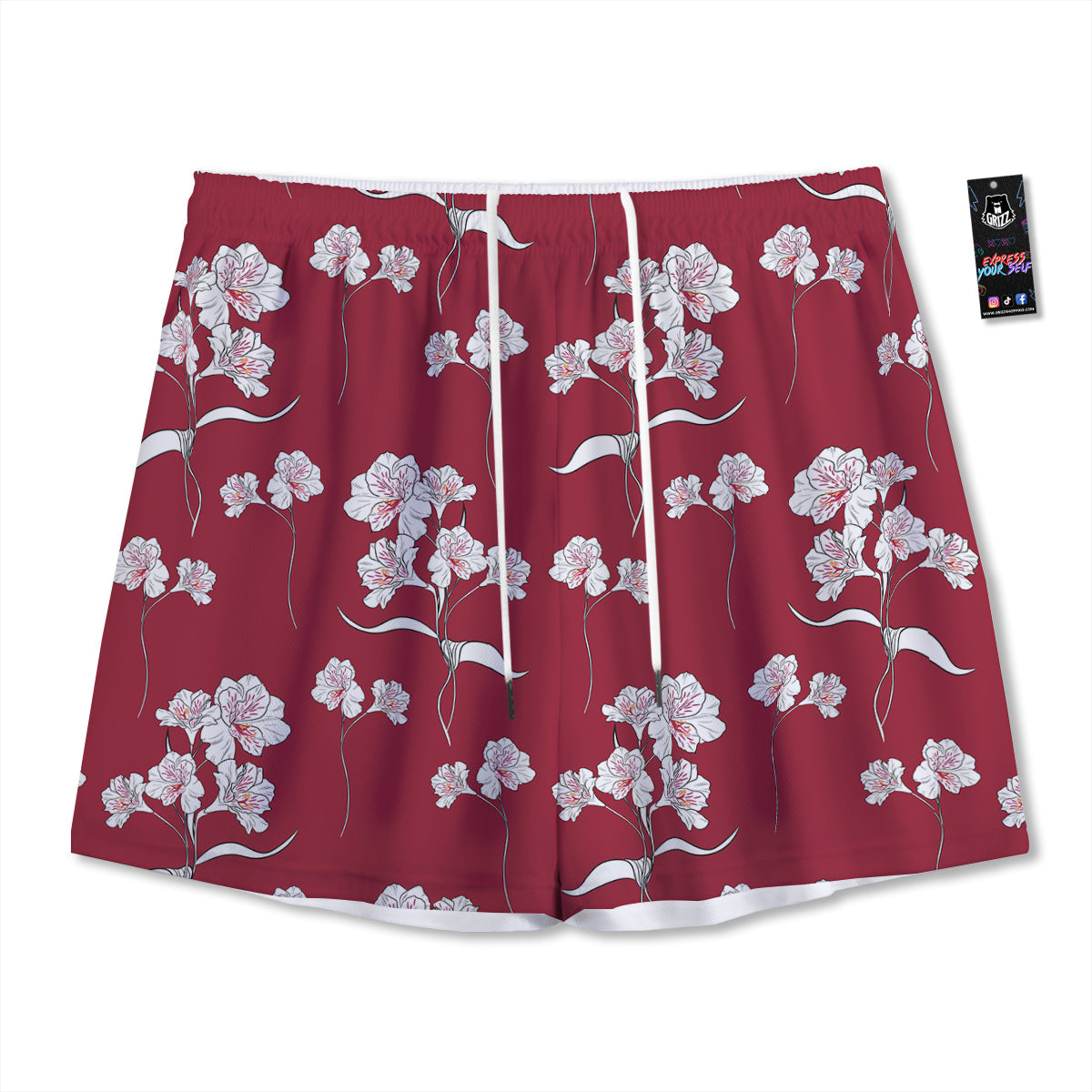 White Alstroemeria Red Print Pattern Mesh Shorts