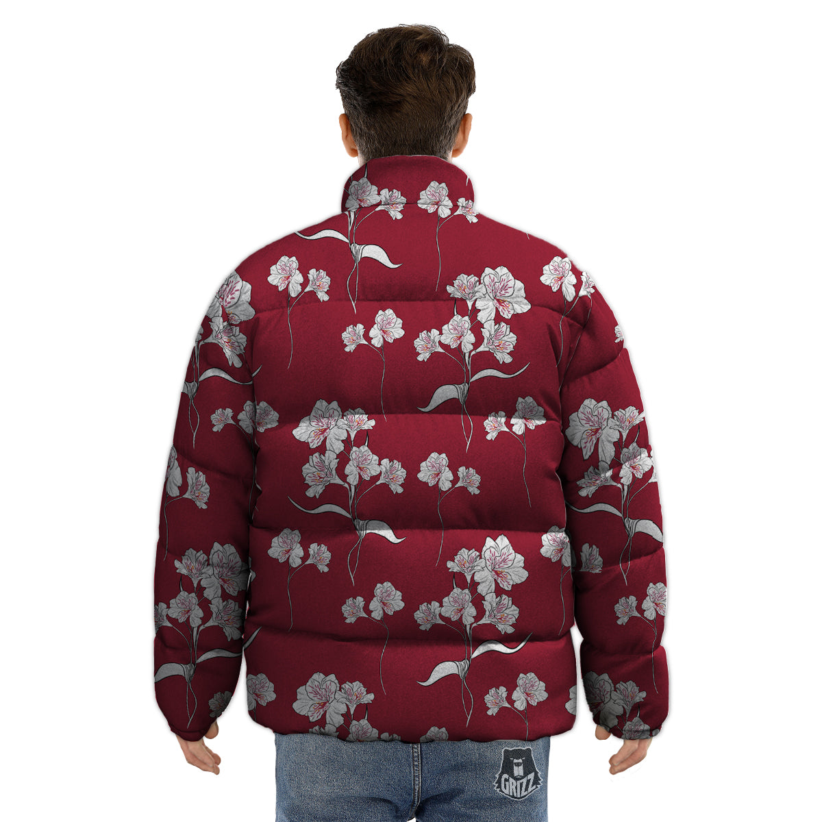 White Alstroemeria Red Print Pattern Puffer Jacket-grizzshop