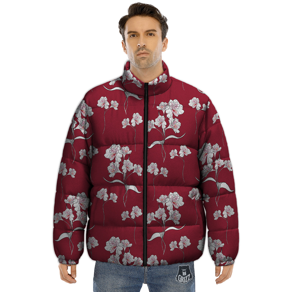 White Alstroemeria Red Print Pattern Puffer Jacket-grizzshop