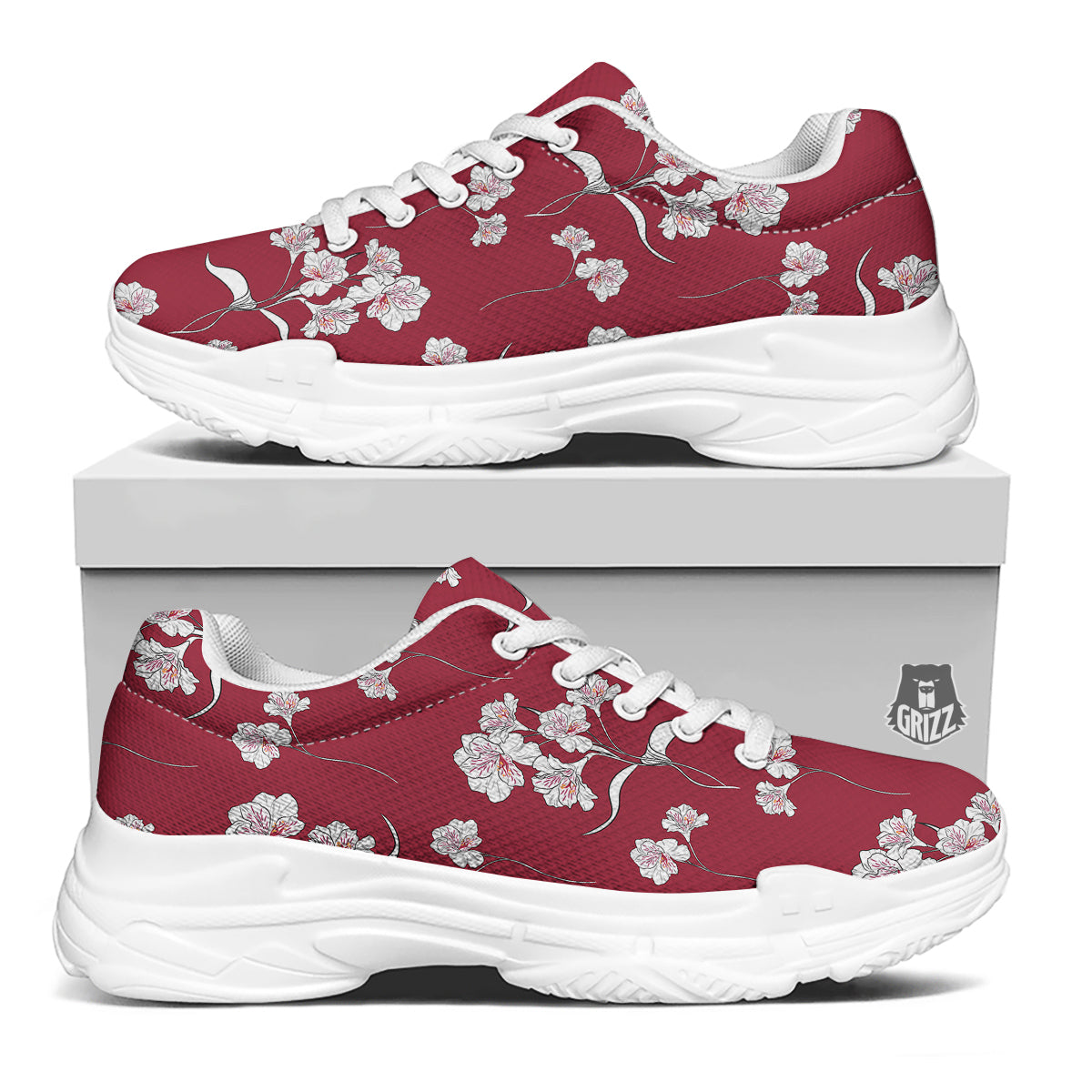 White Alstroemeria Red Print Pattern White Chunky Shoes-grizzshop