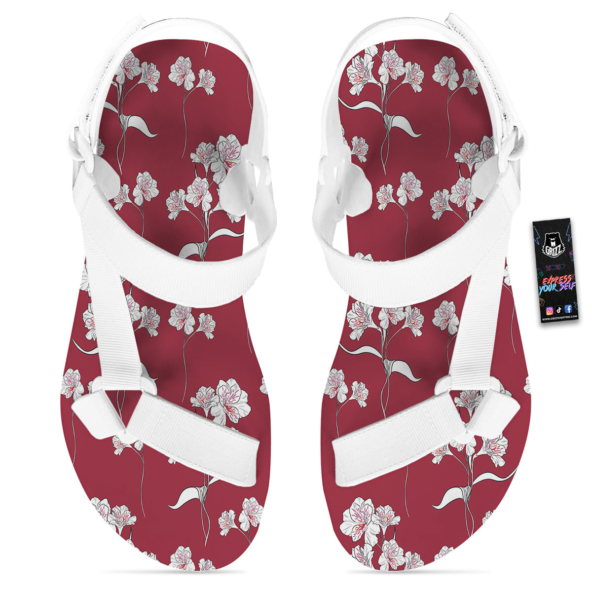 White Alstroemeria Red Print Pattern White Open Toe Sandals-grizzshop