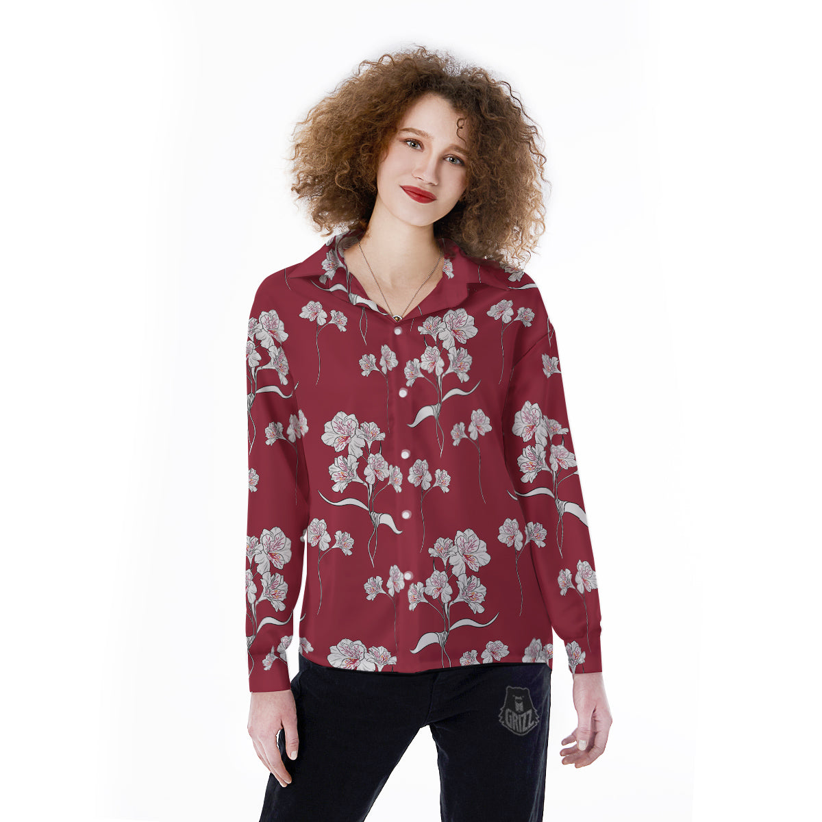 White Alstroemeria Red Print Pattern Women's Long Sleeve Shirts-grizzshop