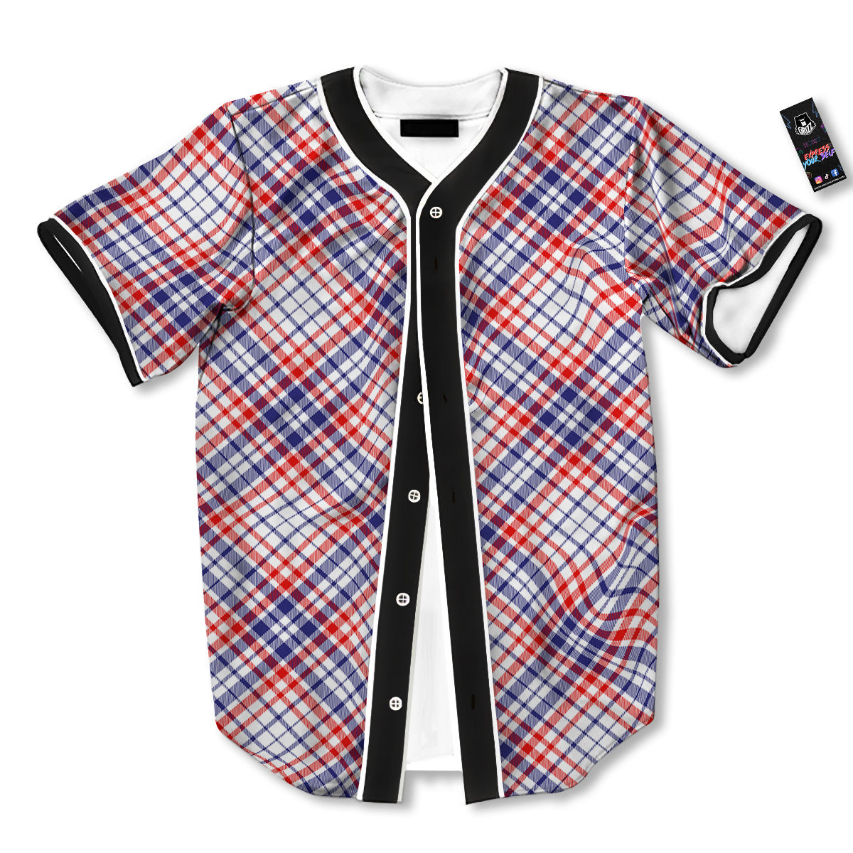 White American Plaid And Blue Red Print Baseball Jersey-grizzshop