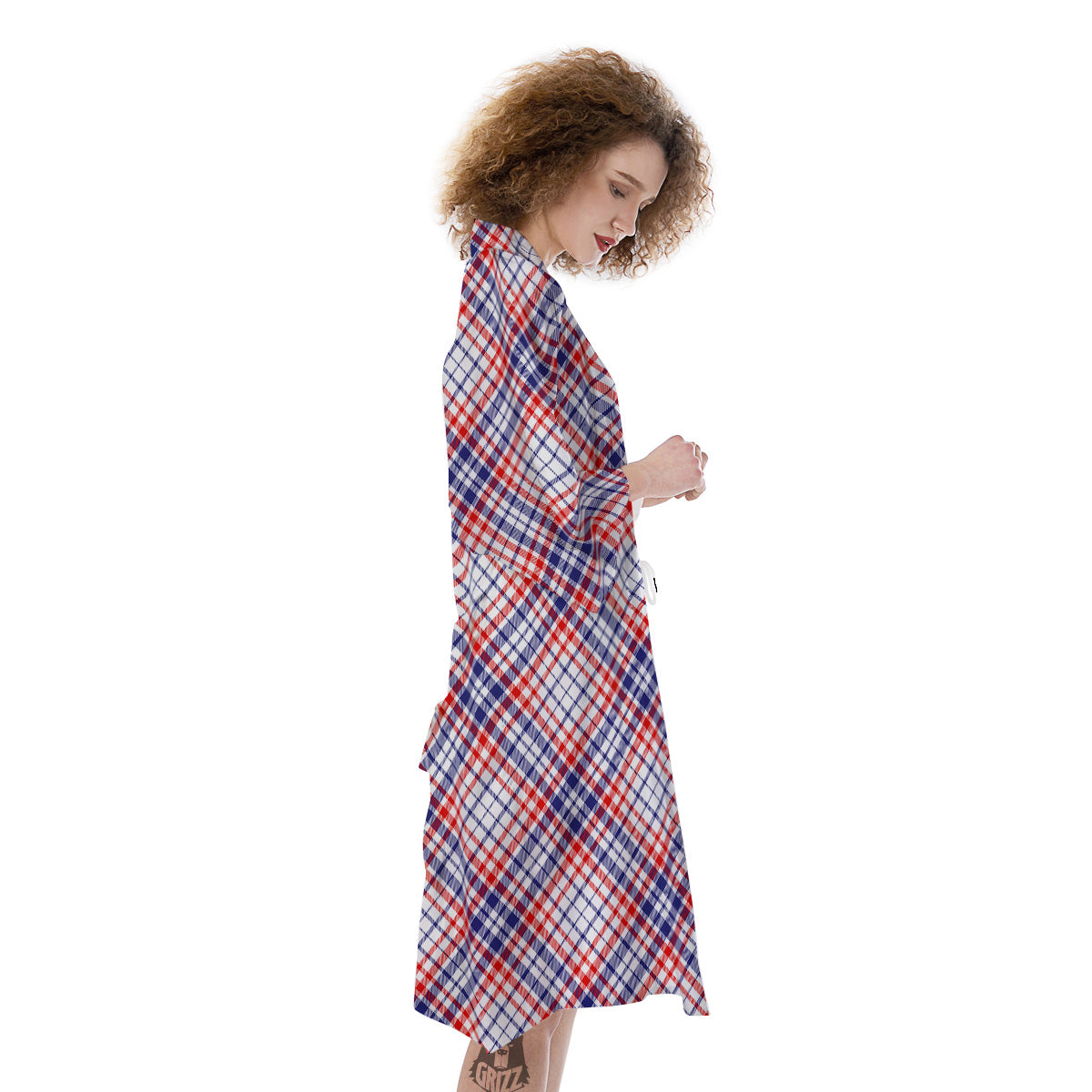 White American Plaid And Blue Red Print Kimono-grizzshop
