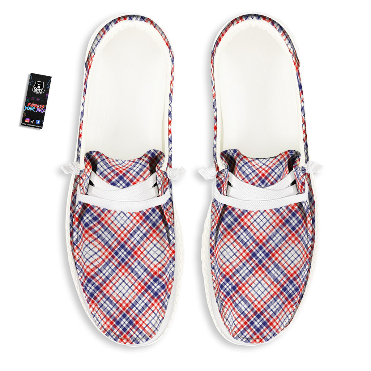 White American Plaid And Blue Red Print White Loafers-grizzshop