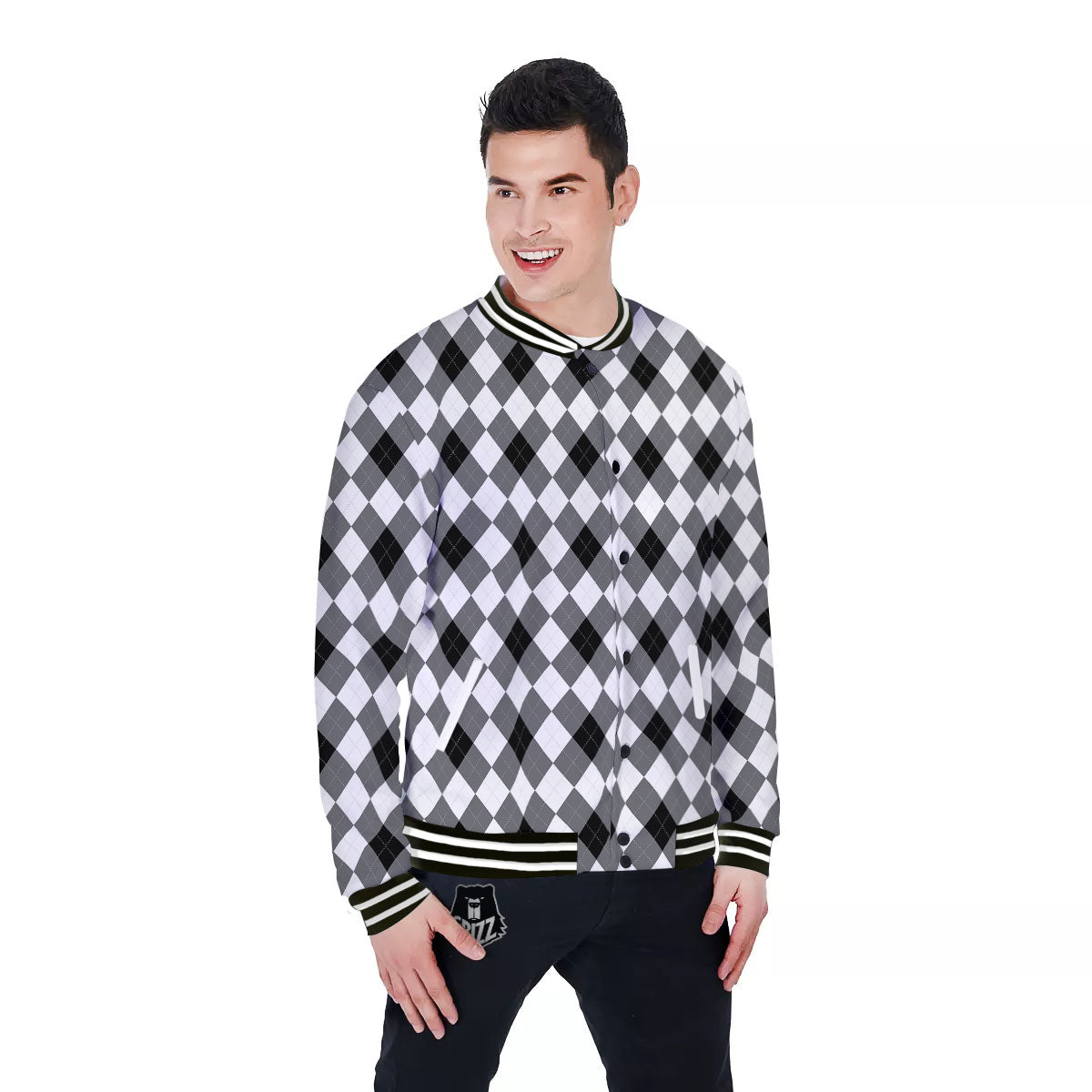 White And Black Argyle Print Pattern Baseball Jacket-grizzshop
