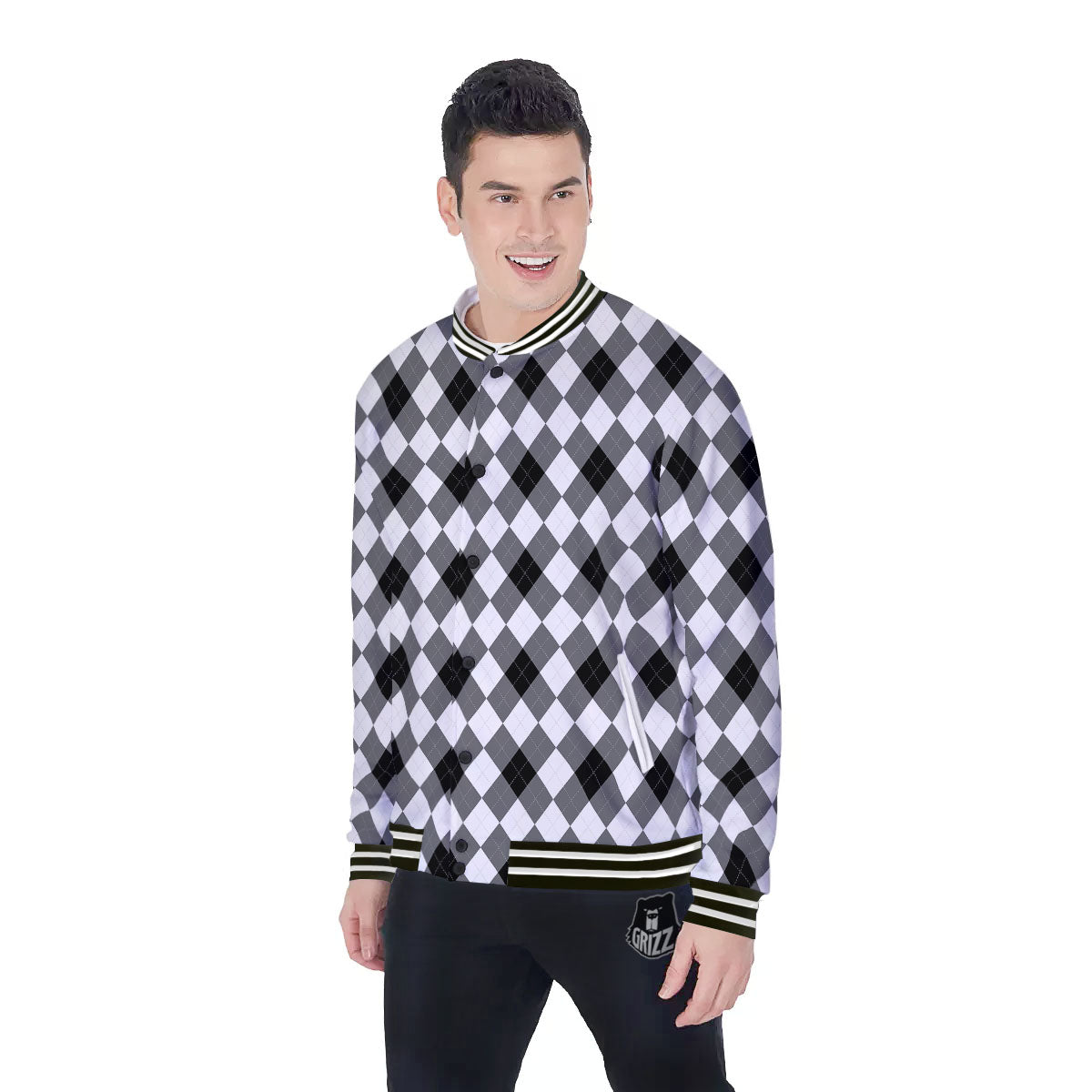 White And Black Argyle Print Pattern Baseball Jacket-grizzshop