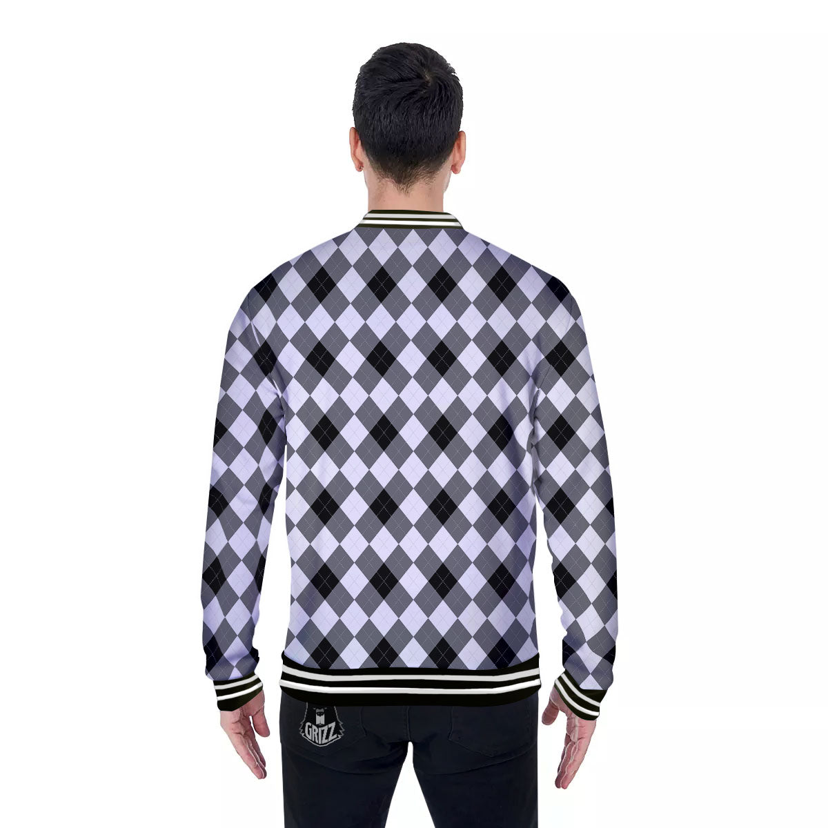 White And Black Argyle Print Pattern Baseball Jacket-grizzshop