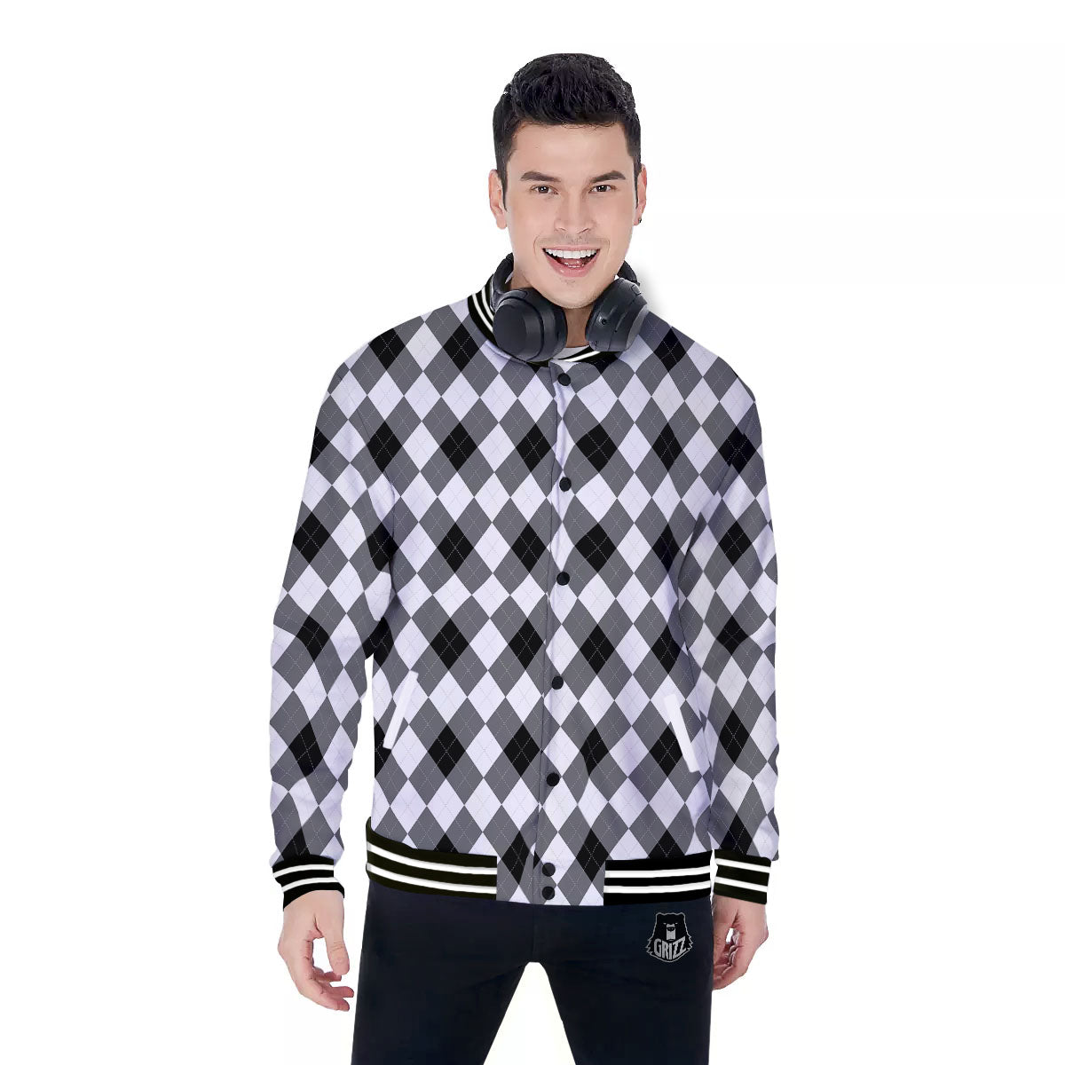 White And Black Argyle Print Pattern Baseball Jacket-grizzshop