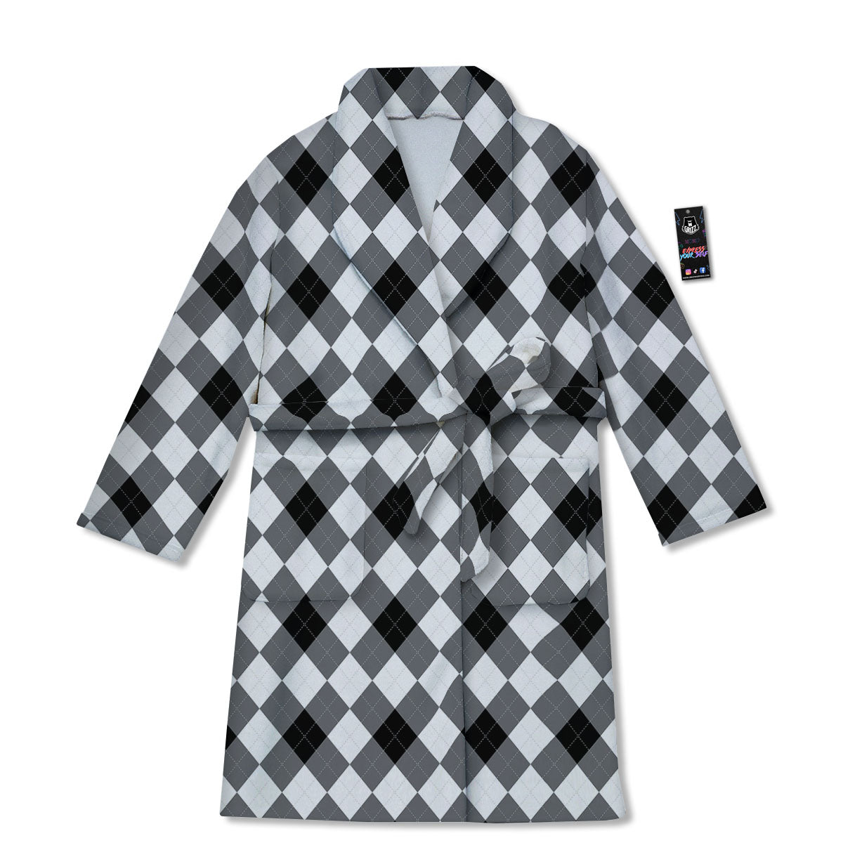 White And Black Argyle Print Pattern Bathrobe-grizzshop