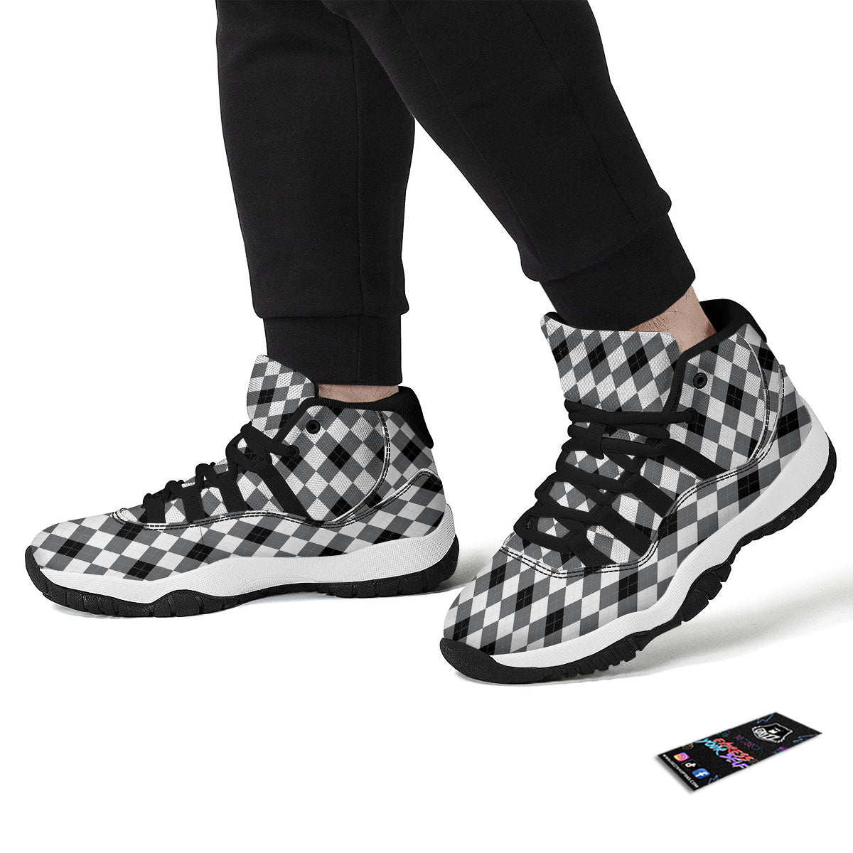 White And Black Argyle Print Pattern Black Bball Shoes-grizzshop