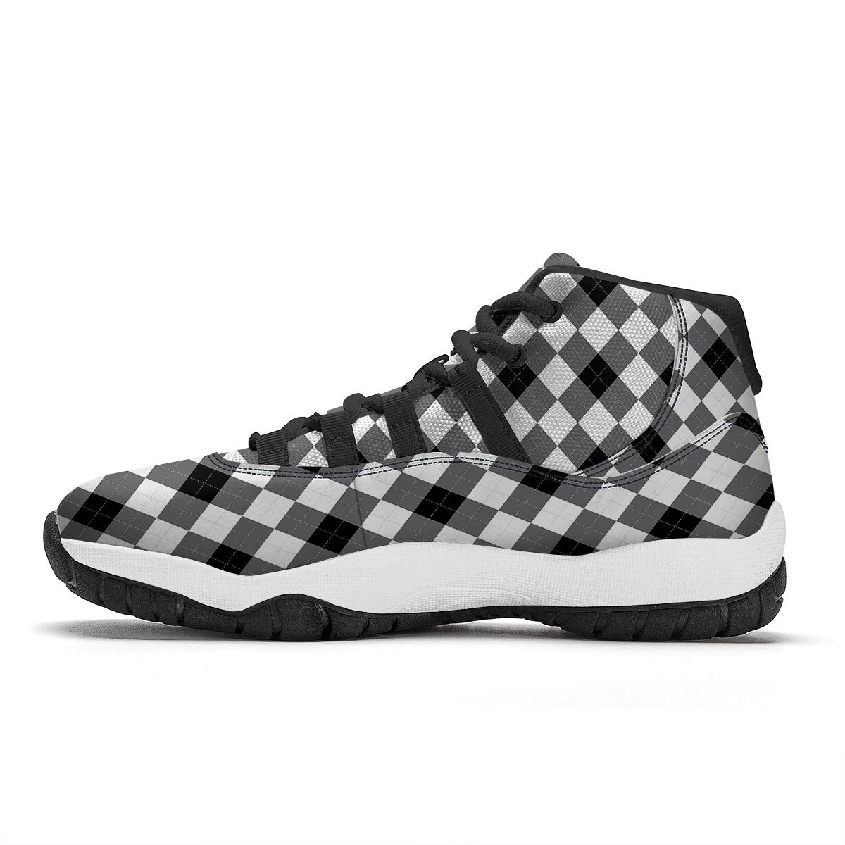 White And Black Argyle Print Pattern Black Bball Shoes-grizzshop