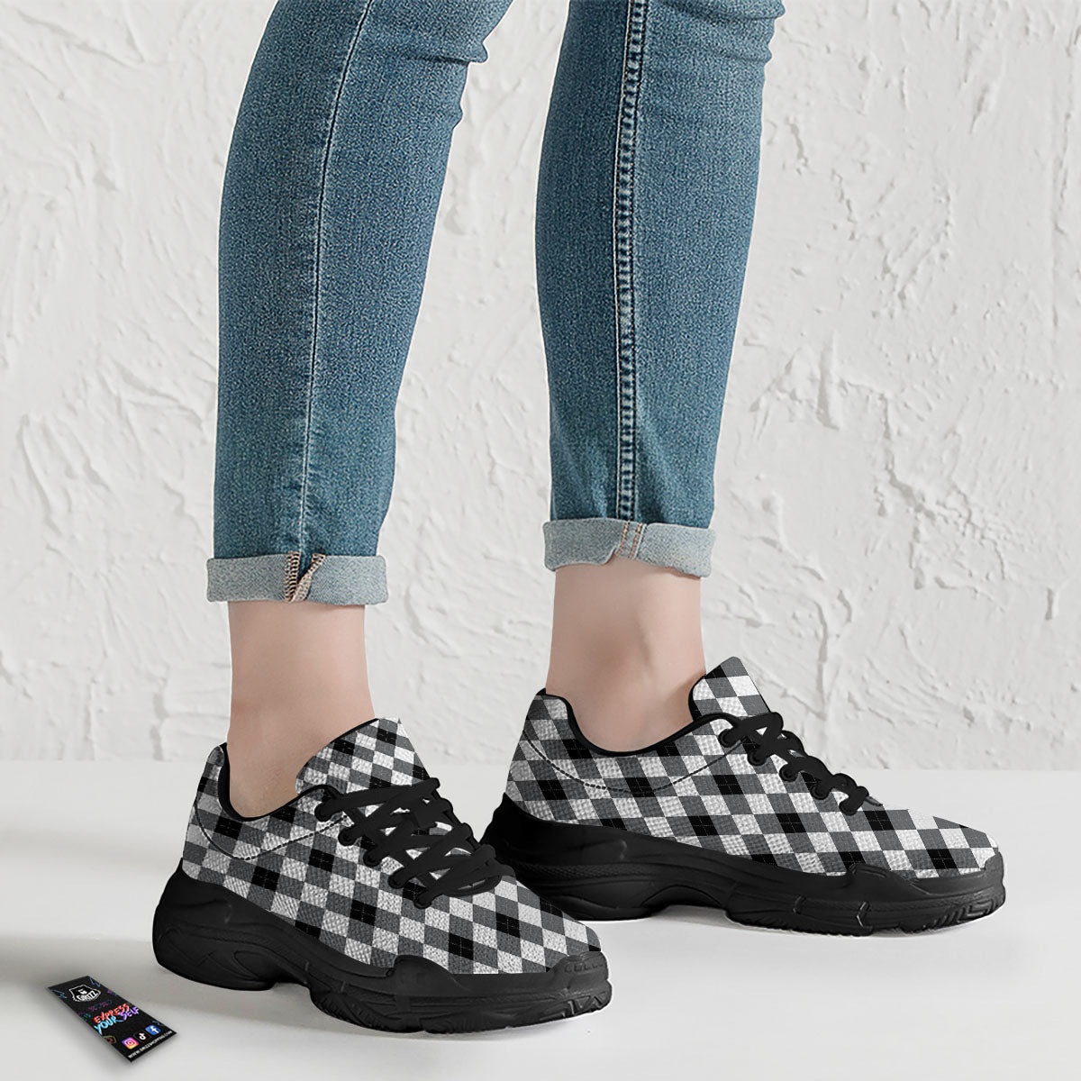 White And Black Argyle Print Pattern Black Chunky Shoes-grizzshop
