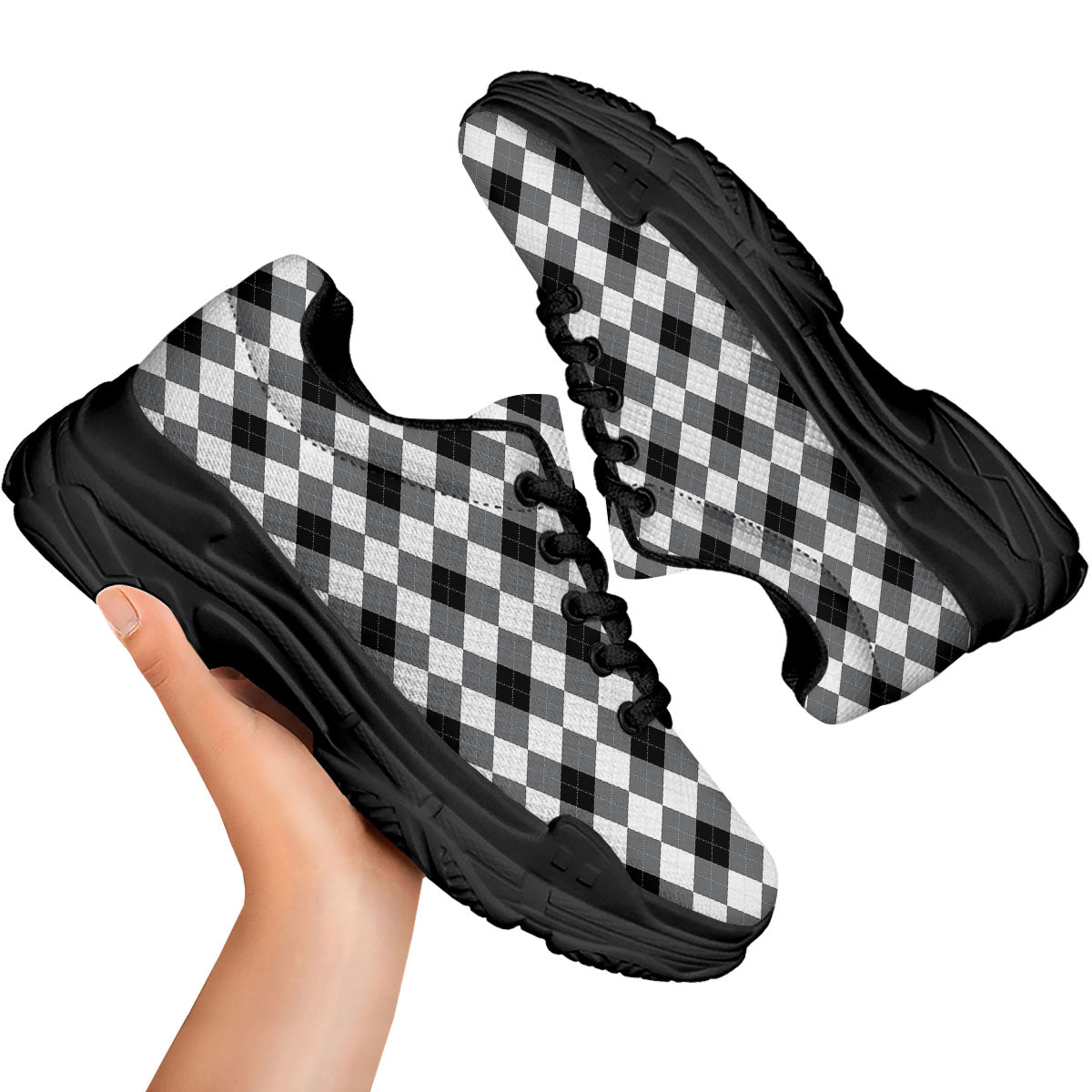 White And Black Argyle Print Pattern Black Chunky Shoes-grizzshop