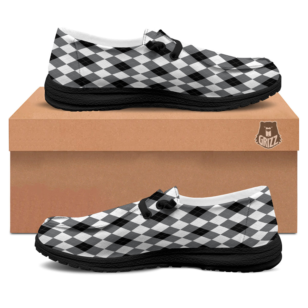 White And Black Argyle Print Pattern Black Loafers-grizzshop