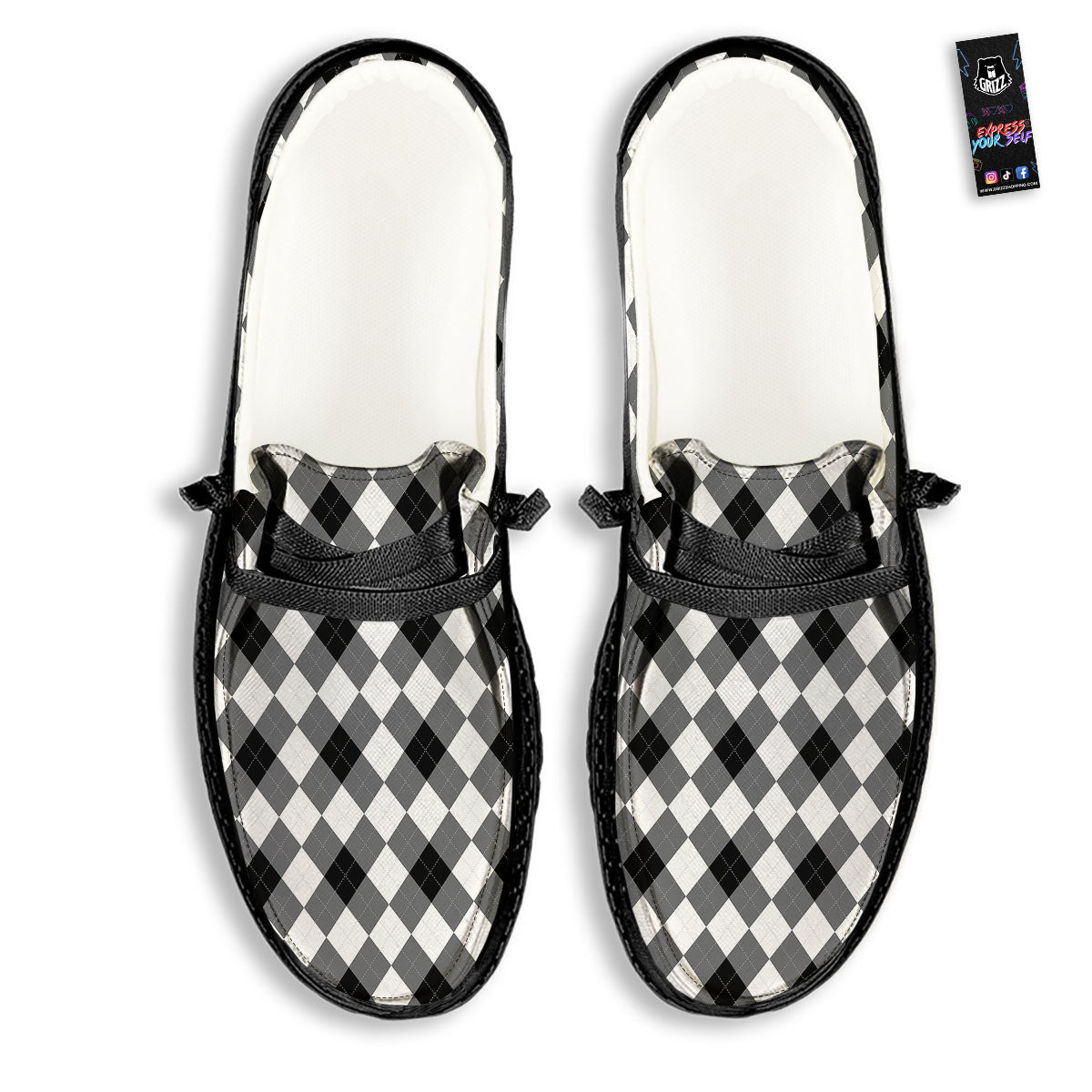 White And Black Argyle Print Pattern Black Loafers-grizzshop