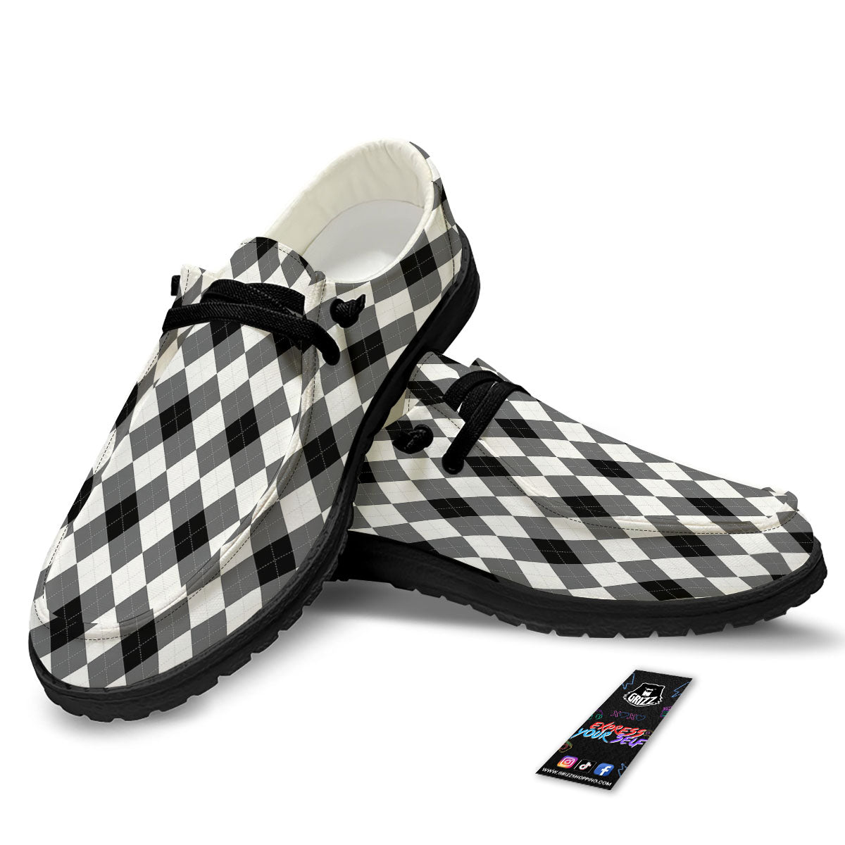 White And Black Argyle Print Pattern Black Loafers-grizzshop