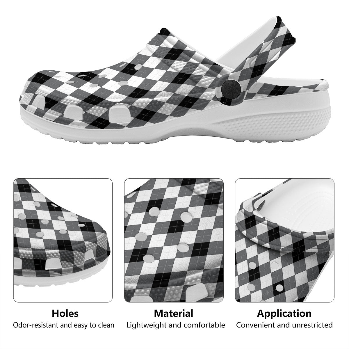 White And Black Argyle Print Pattern Clog-grizzshop