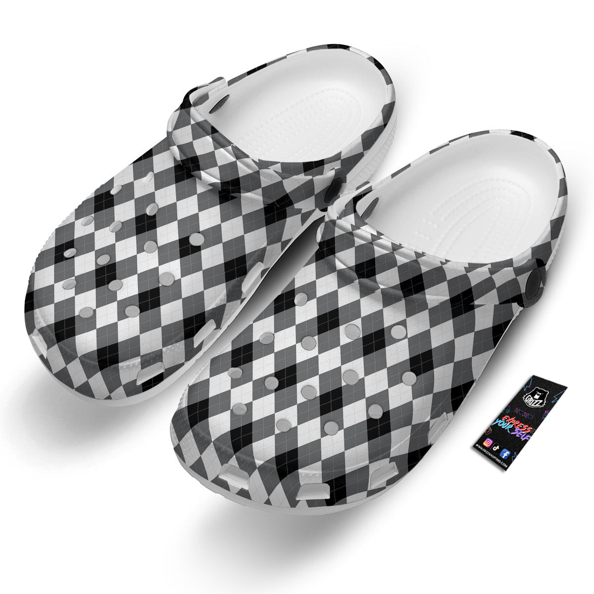 White And Black Argyle Print Pattern Clog-grizzshop