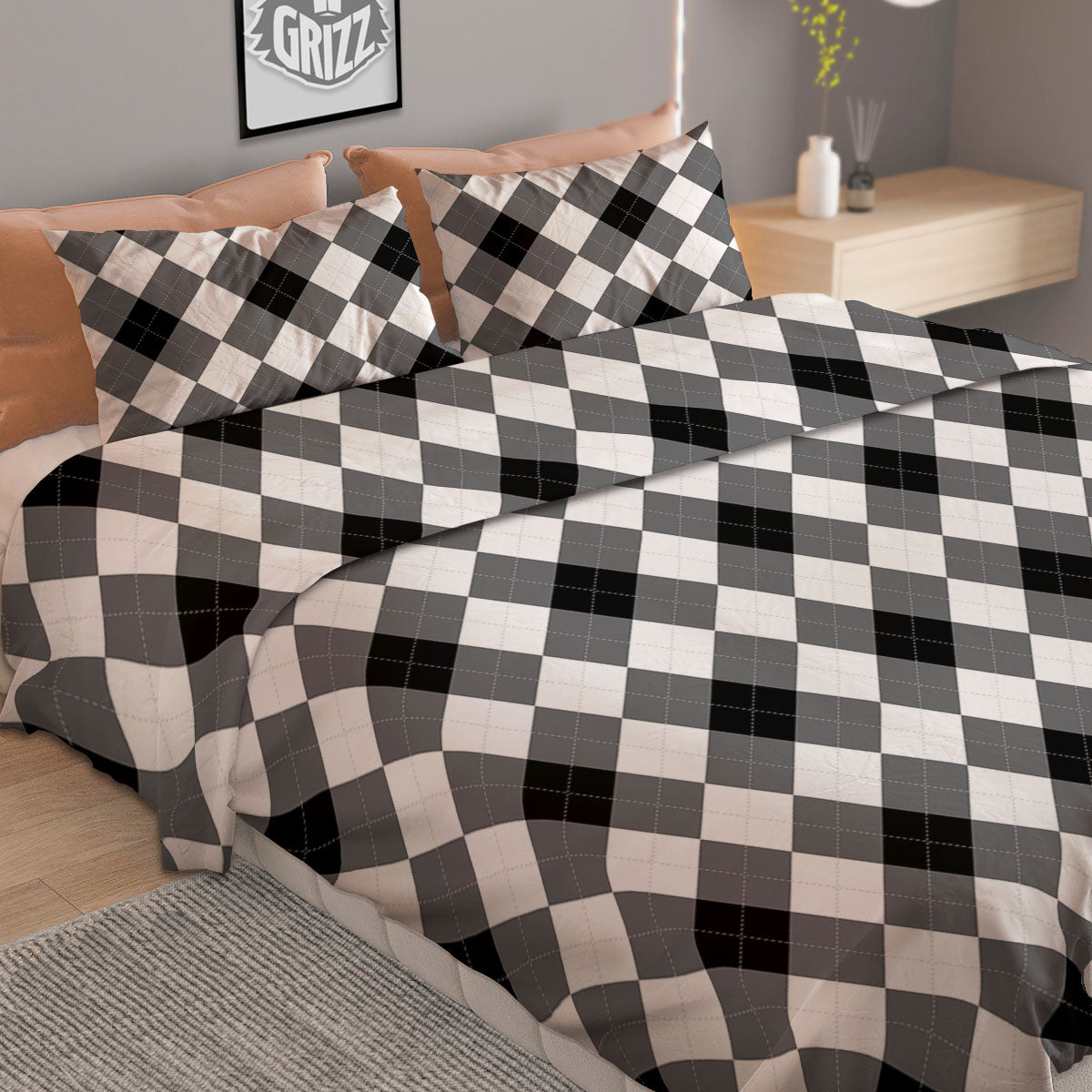 White And Black Argyle Print Pattern Duvet Cover Bedding Set