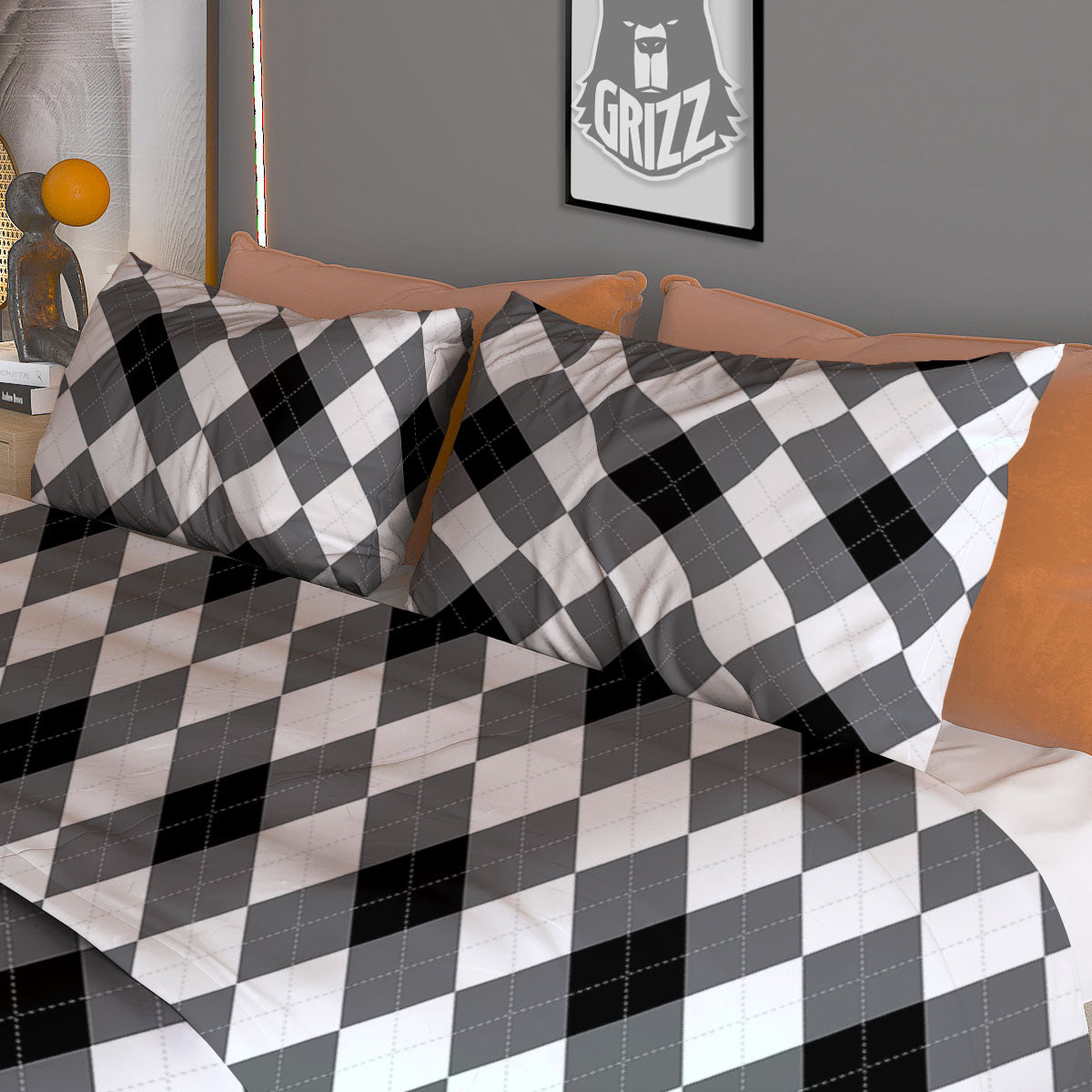 White And Black Argyle Print Pattern Duvet Cover Bedding Set