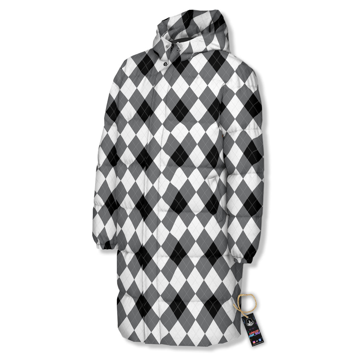 White And Black Argyle Print Pattern Long Down Jacket-grizzshop