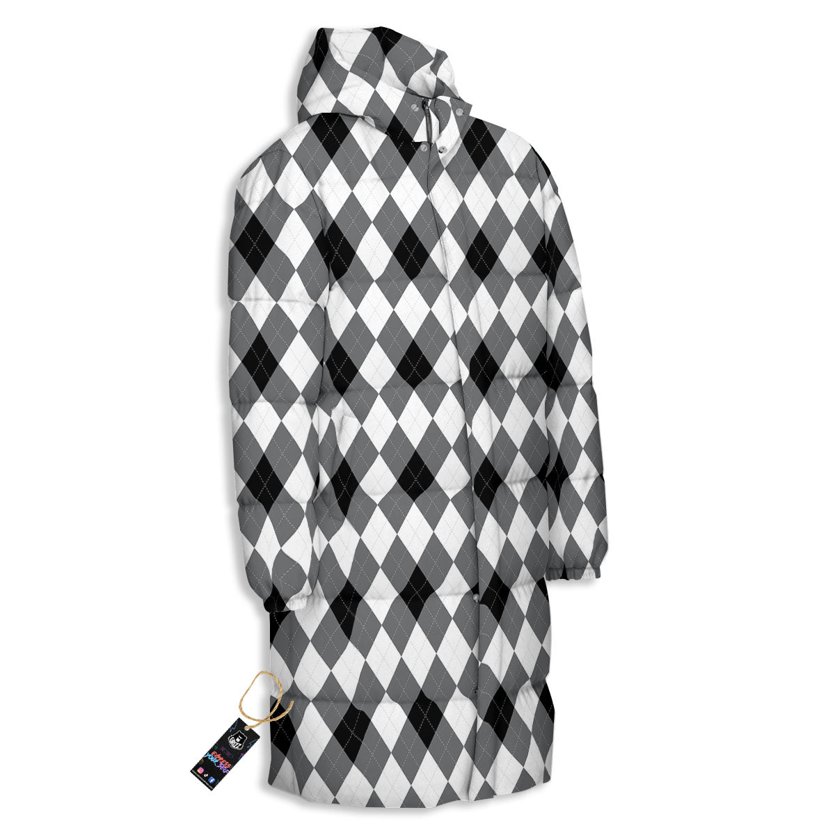 White And Black Argyle Print Pattern Long Down Jacket-grizzshop