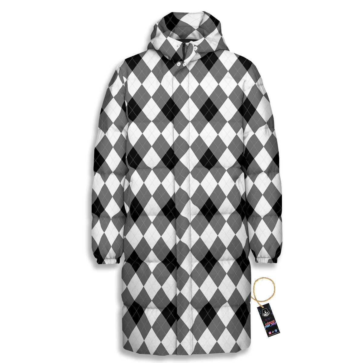 White And Black Argyle Print Pattern Long Down Jacket-grizzshop